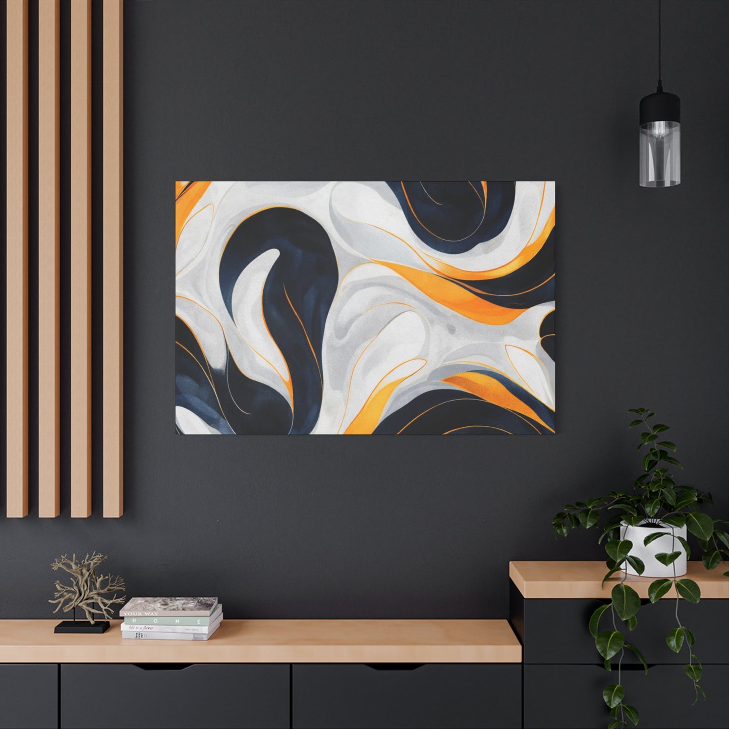 Abstract Fluid Art Matte Canvas Print — Navy, Gold & White Stretched Wall Art