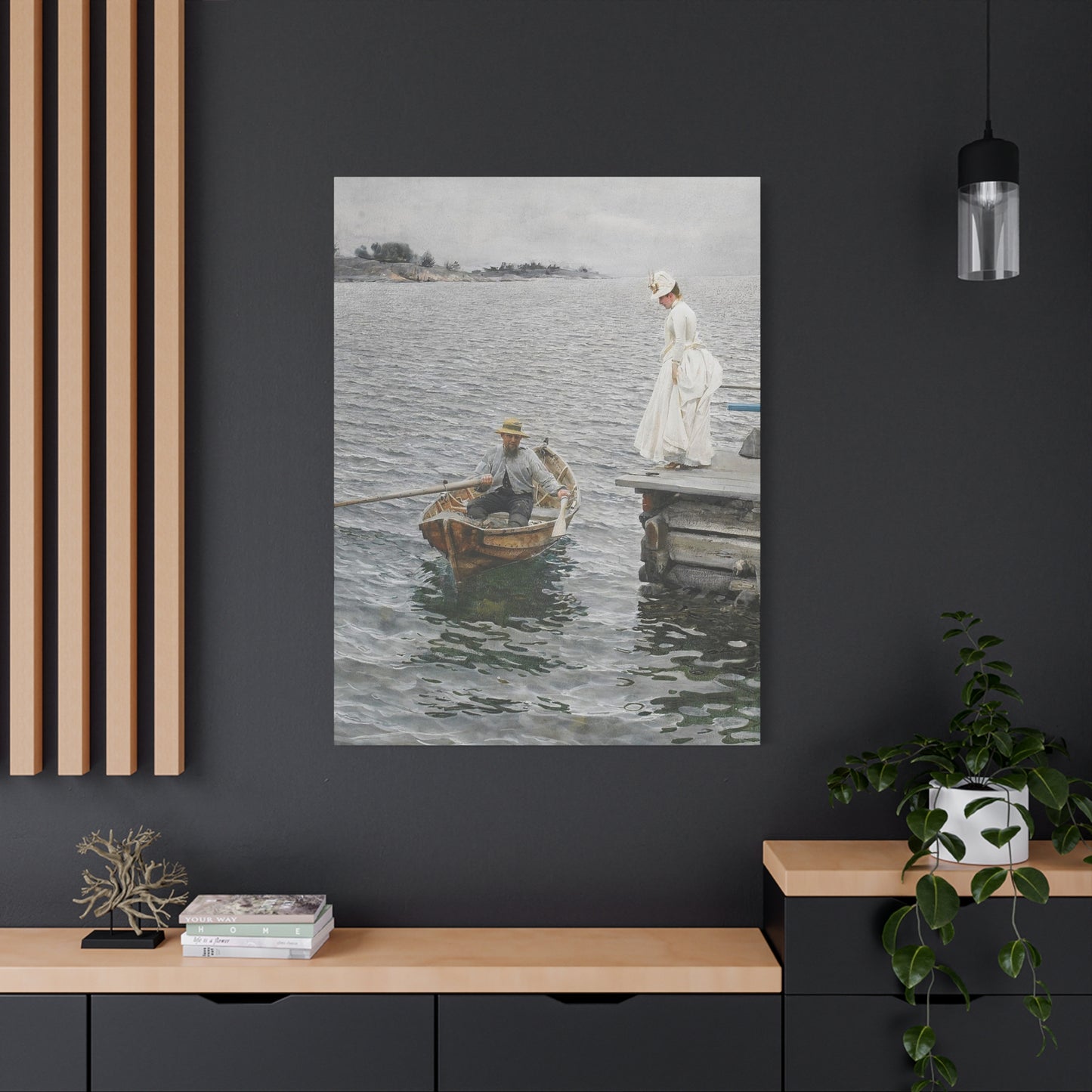 Seaside Stroll Canvas Print — Vintage Woman & Rowboat Matte Stretched Art 1.25"