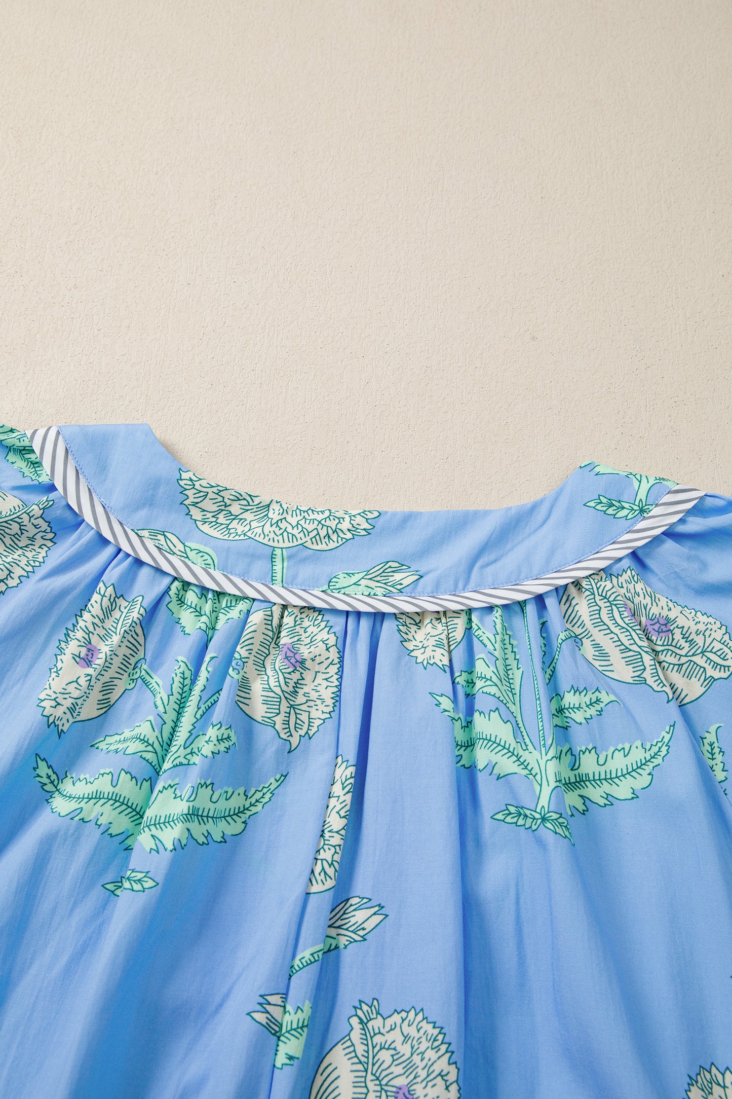 Sky Blue Plus Periwinkle Floral Printed Short Sleeve Striped Trim Split Neck Mini Dress