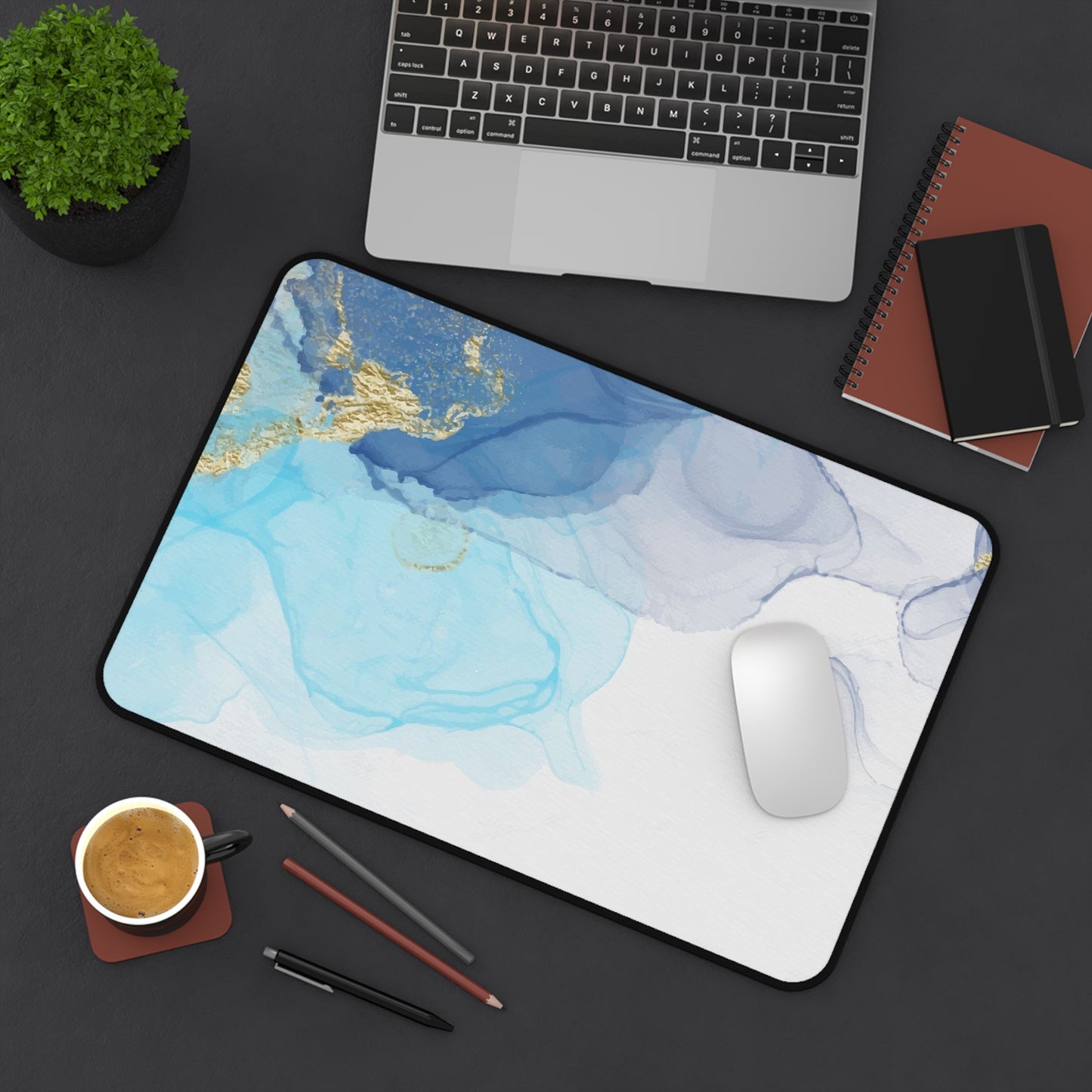 Ocean Blue Marble Desk Mat — Abstract Gold Accent Mouse Pad