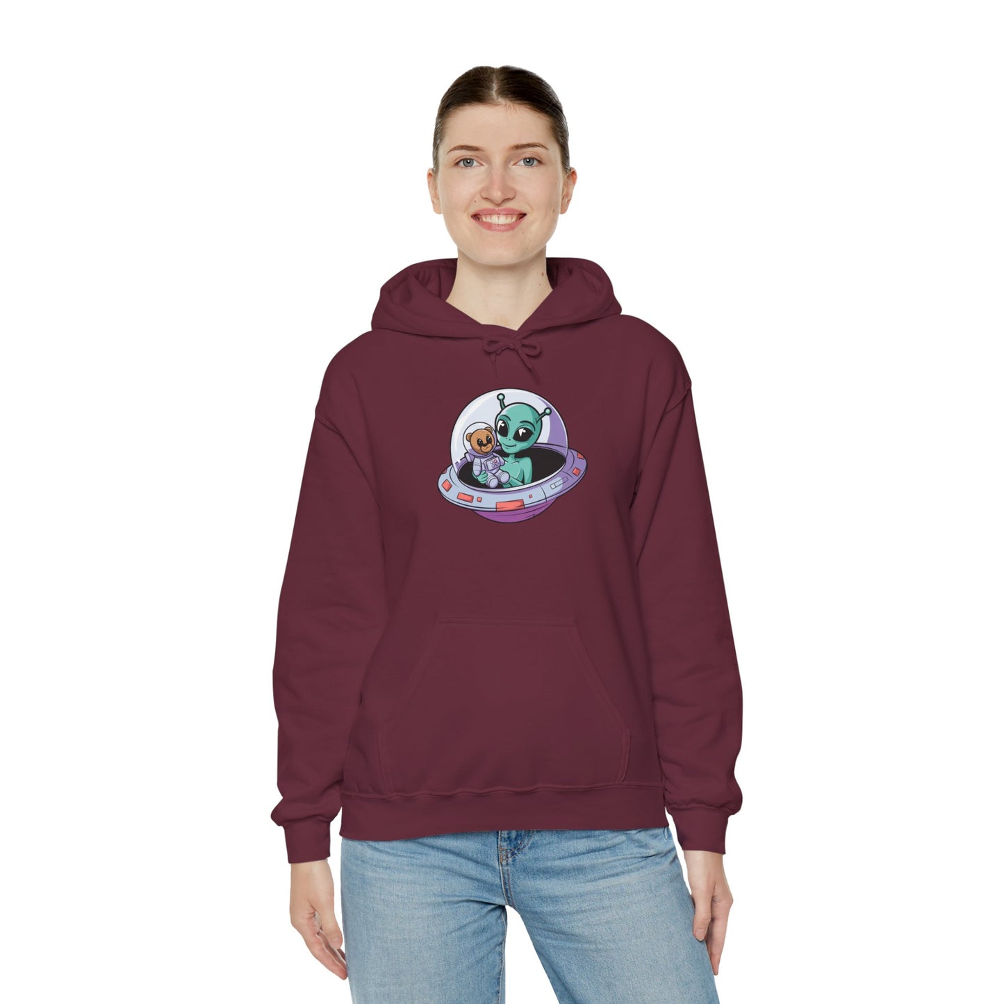 Cute Alien and Kid Hoodie, Unisex Heavy Blend Sweatshirt, UFO Lover Gift, Halloween Costume, Space-Themed Outfit, Birthday Present