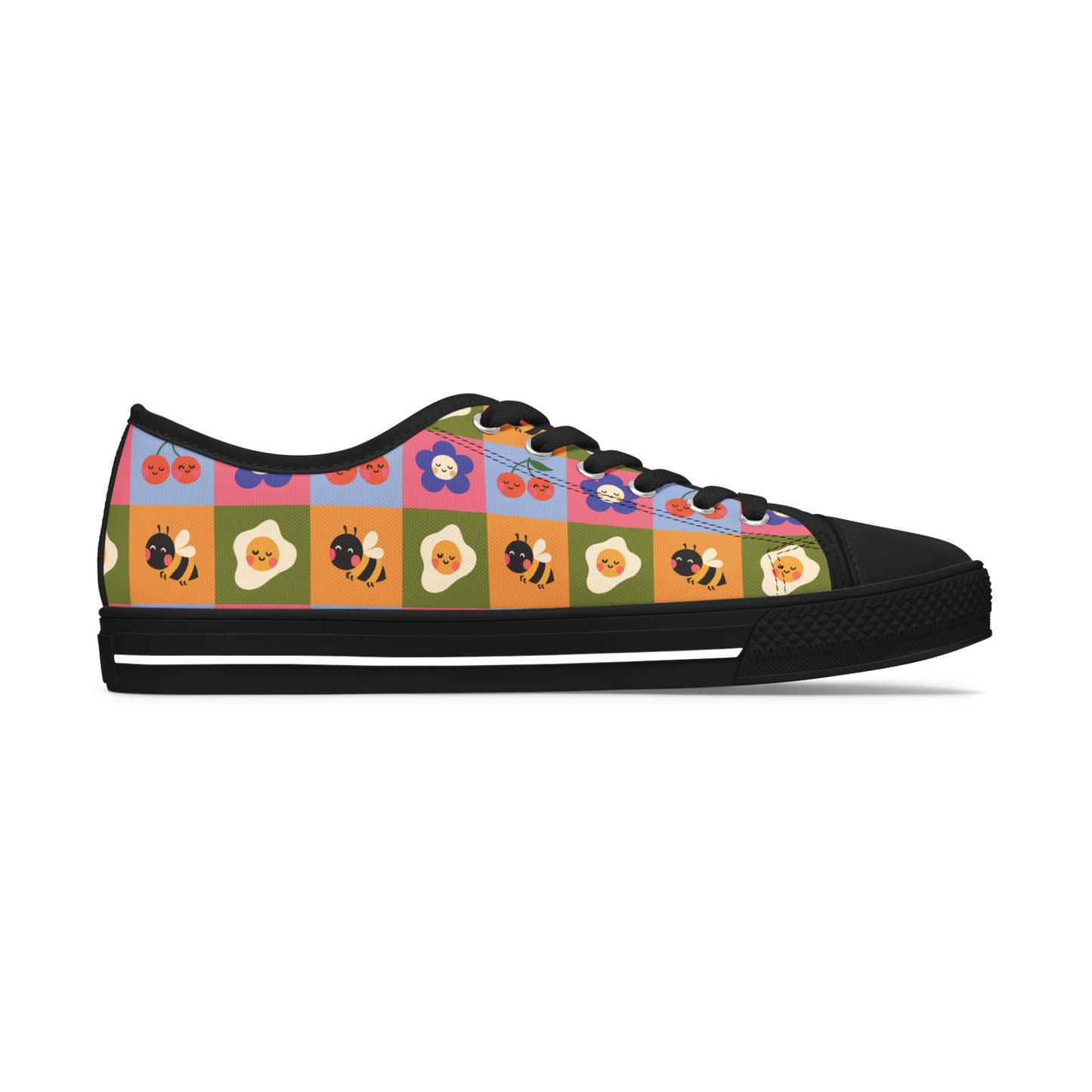 Women's Low Top Sneakers — Retro Floral & Bee Checkerboard Printed Casual Shoes
