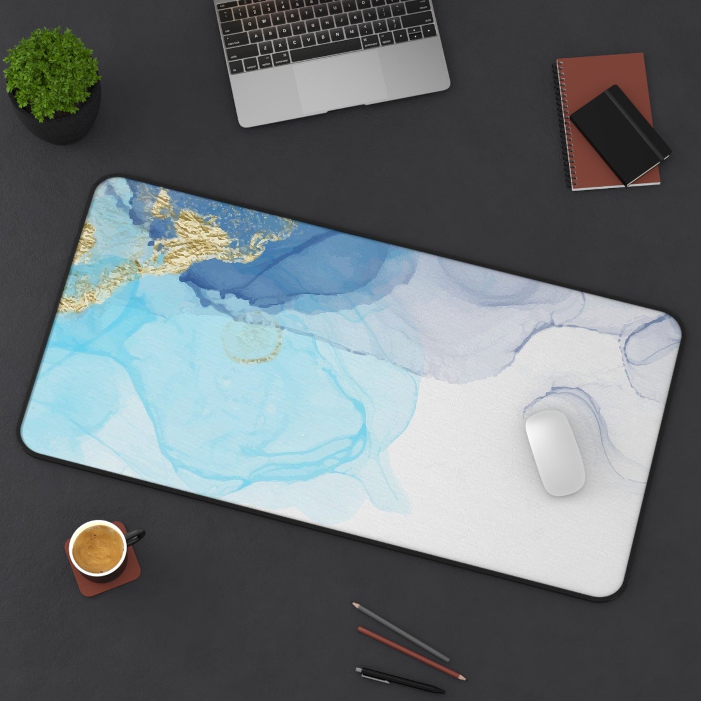 Ocean Blue Marble Desk Mat — Abstract Gold Accent Mouse Pad