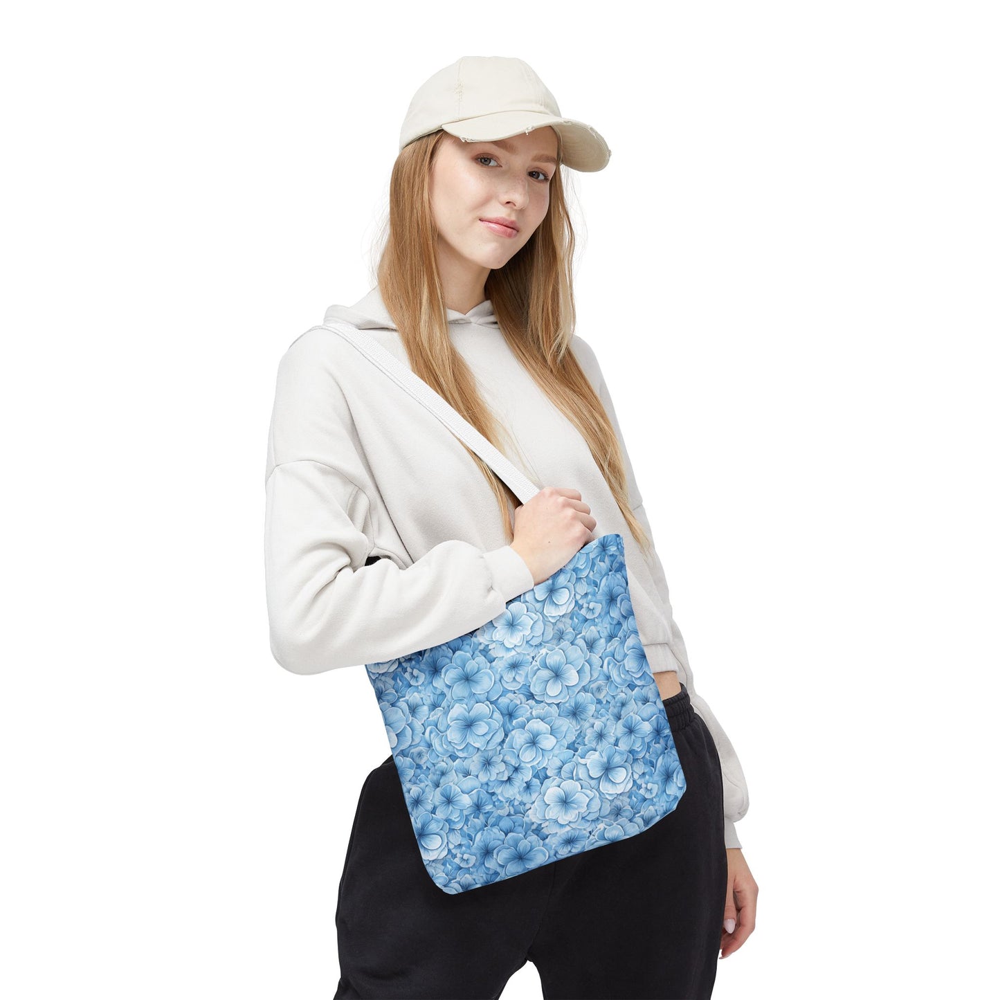 Blue Watercolor Floral Tote Bag — Reusable Flower Pattern Shopper