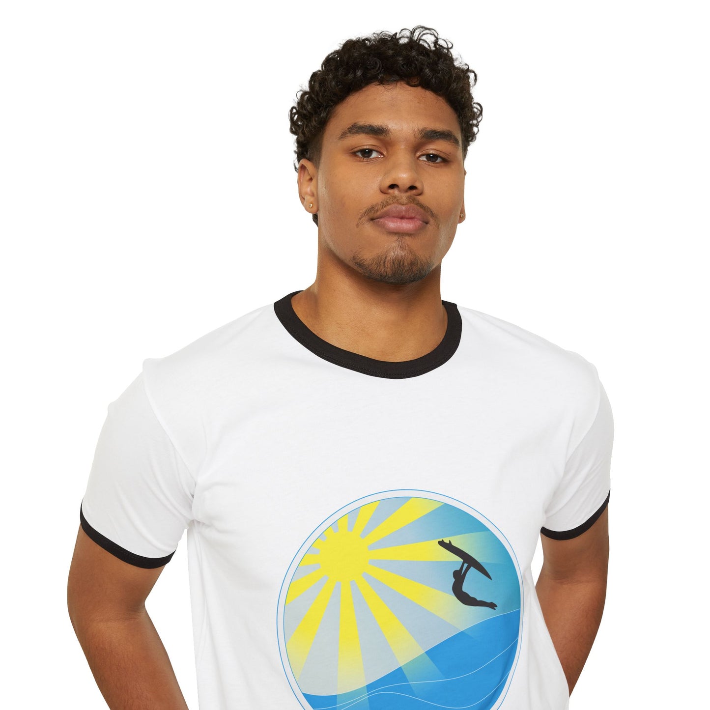 Surf Circle Ringer T-Shirt – Sunny Wave & Surfer Graphic