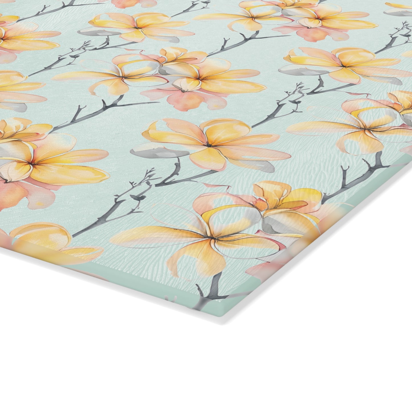 Floral Magnolia Glass Cutting Board — Pastel Yellow Blossom Kitchen Decor