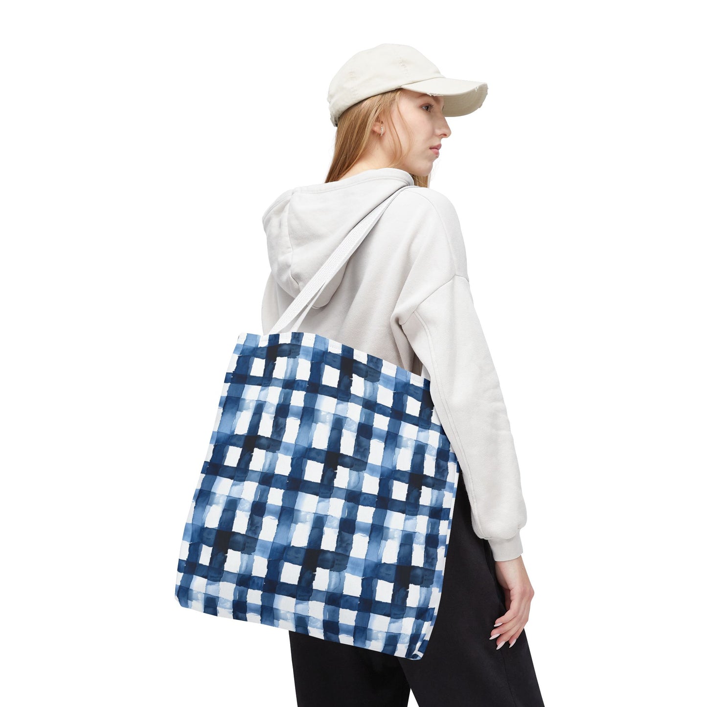 Blue Watercolor Plaid Tote Bag — Navy Check Pattern All-Over Print