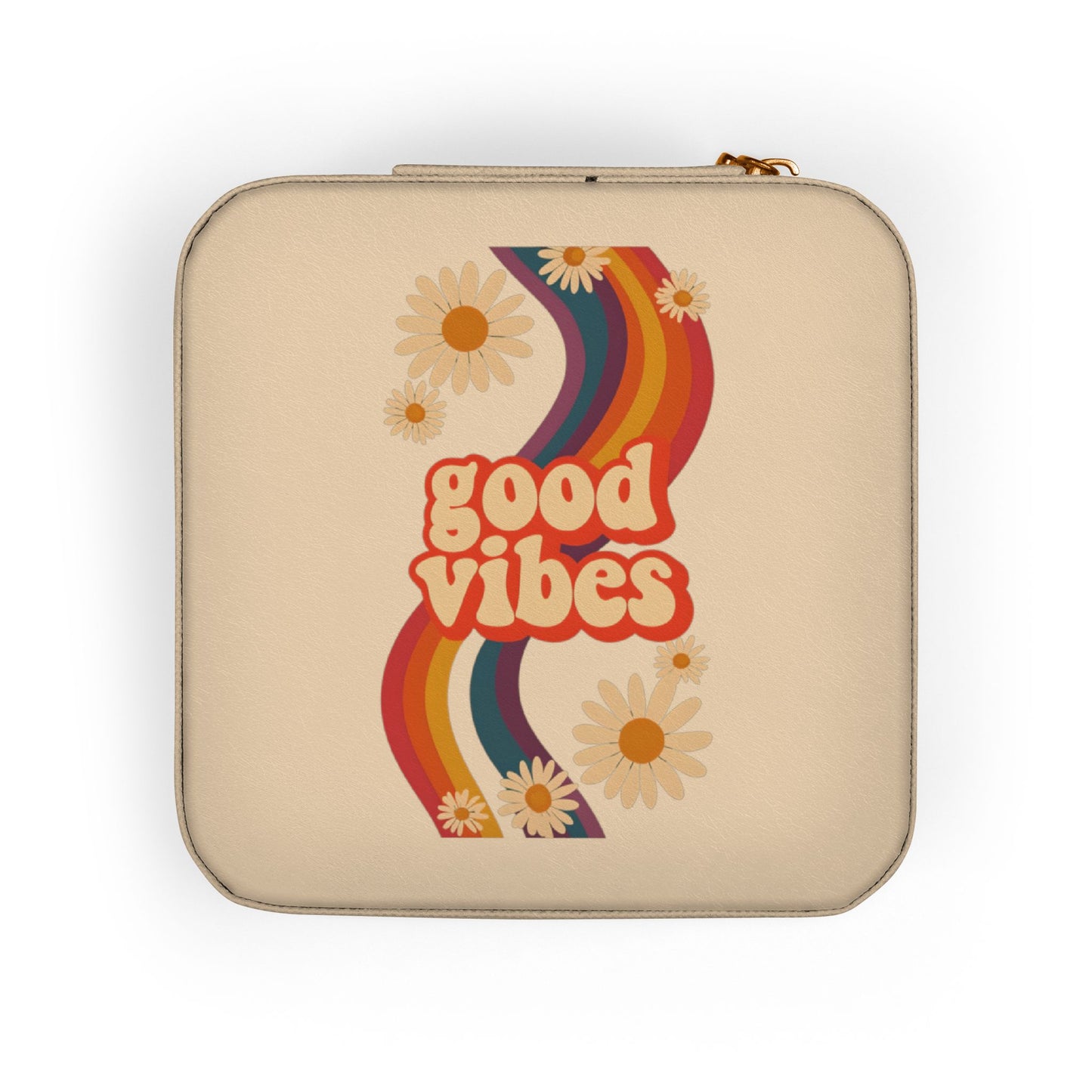 Good Vibes Jewelry Travel Case — Compact Retro Rainbow Daisy Jewelry Organizer