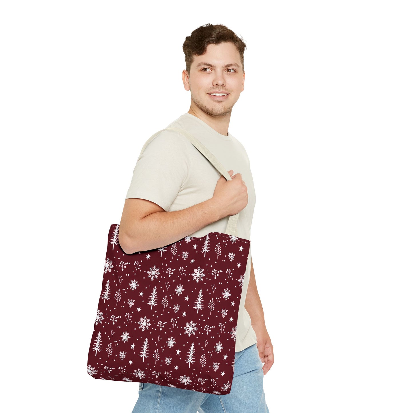 Christmas Snowflake Tote Bag – Burgundy Holiday Patterned Carryall