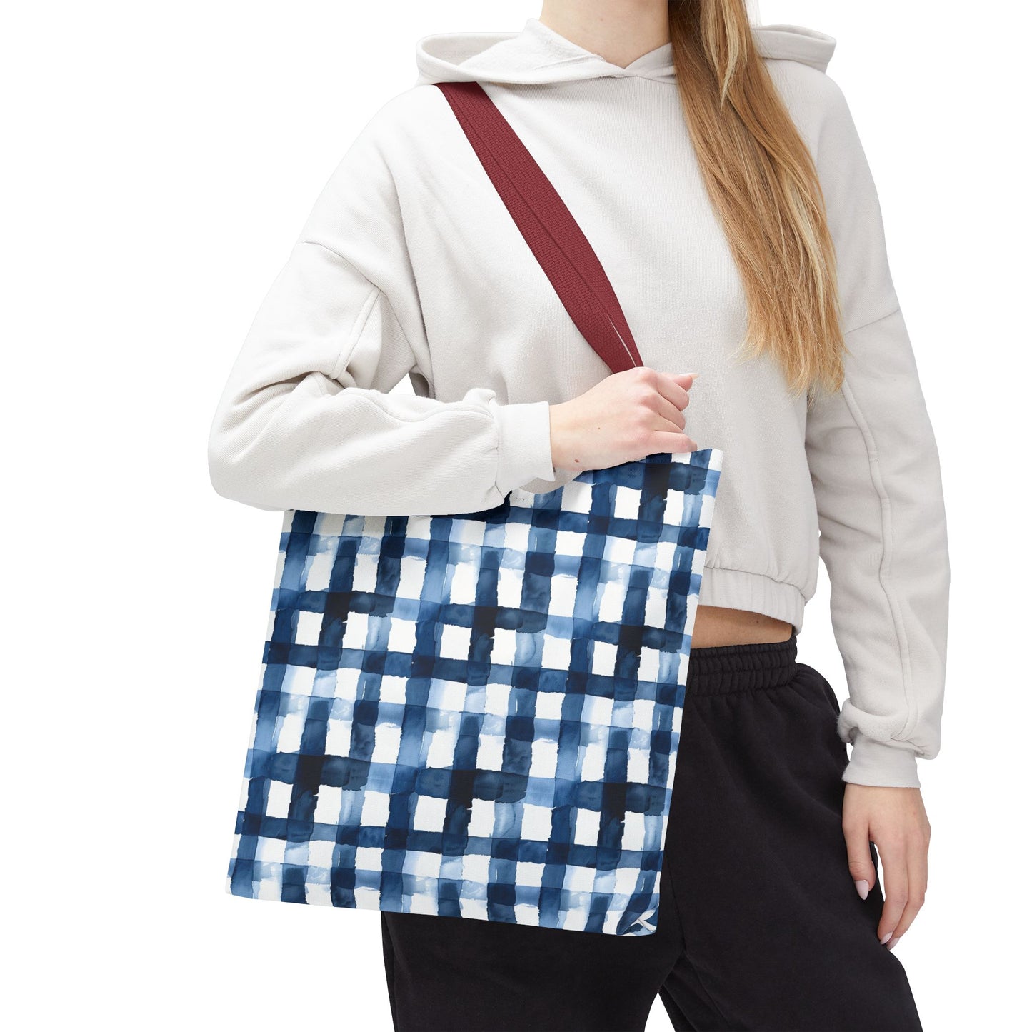 Blue Watercolor Plaid Tote Bag — Navy Check Pattern All-Over Print
