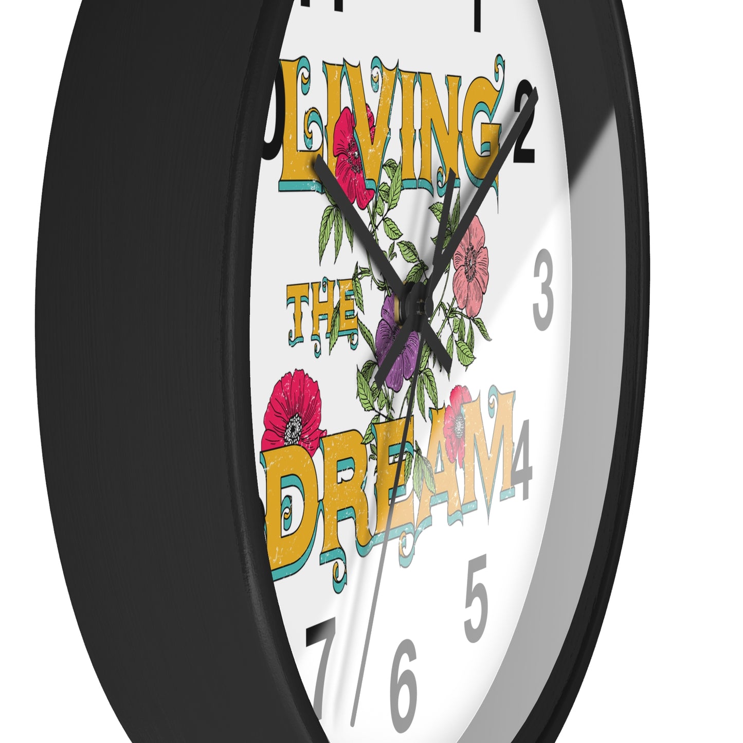 Living the Dream Floral Wall Clock, Boho Home Decor, Motivational Gift, Office Clock, Unique Wall Art