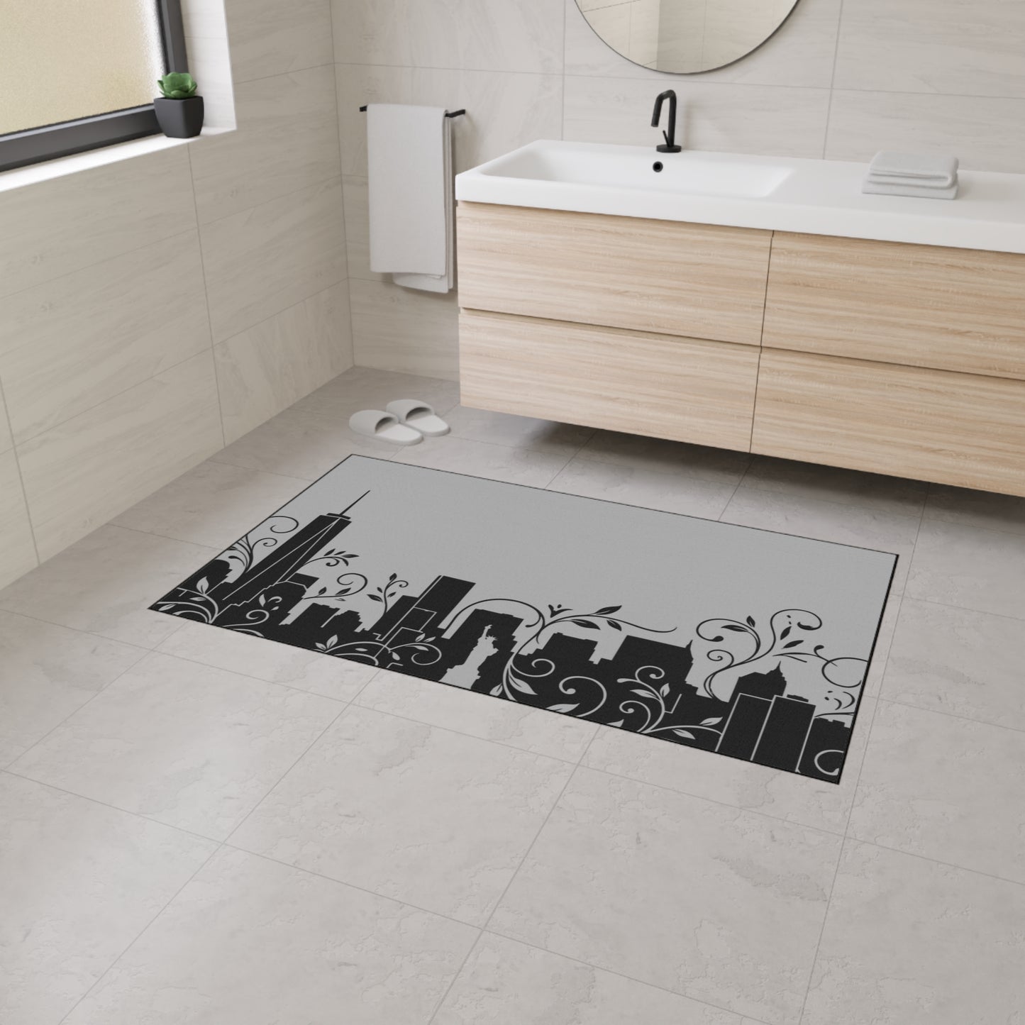 City Skyline Heavy-Duty Floor Mat — Black Urban Floral Door Rug