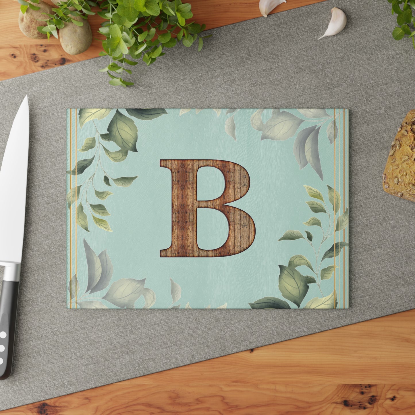 Monogram Glass Cutting Board - Botanical Initial "B" with Rustic Wood Letter