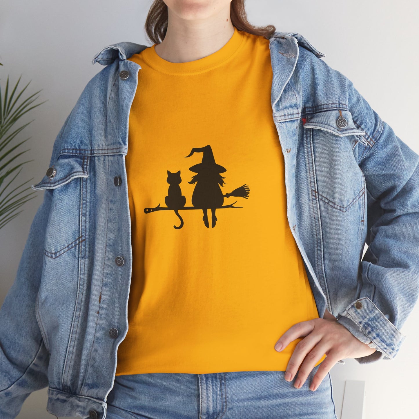 Witch and Cat Tee | Spooky Unisex Shirt for Halloween | Cute Witchwear for Cat Lovers | Fall Wardrobe Essential | Gift for Magical Friends