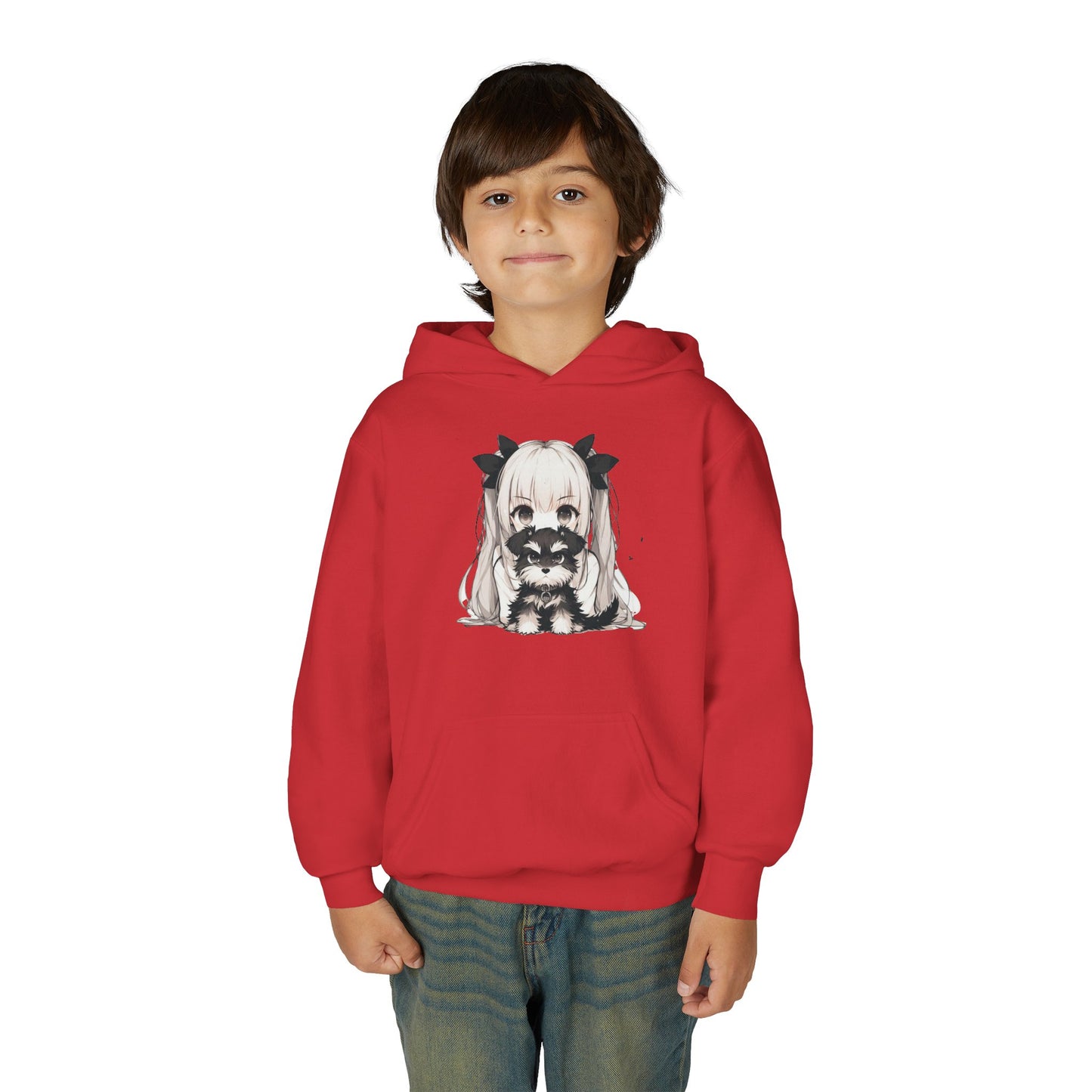 Cute Anime Girl & Puppy Youth Hoodie — Kawaii Kids Pullover for Anime Fans