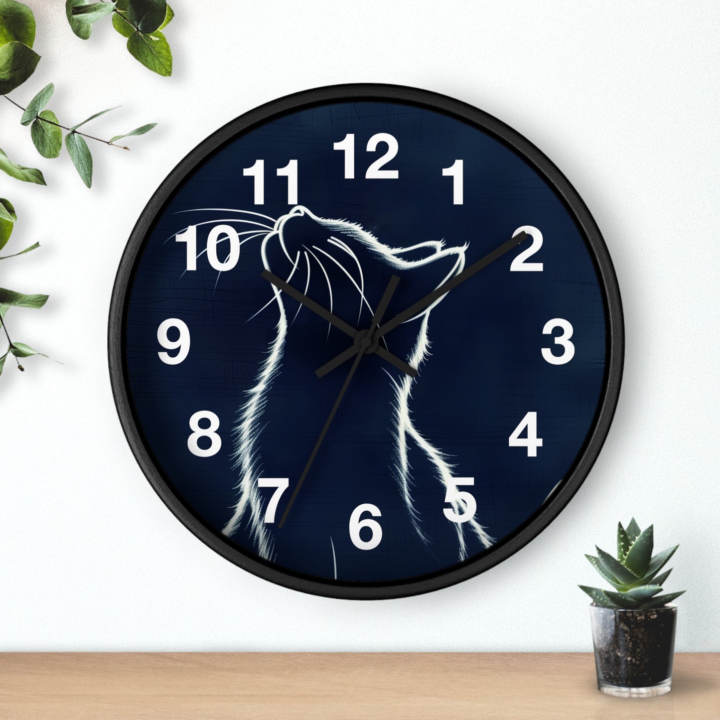 Moonlit Cat Wall Clock | Night Sky Silhouette, Minimal Numerals