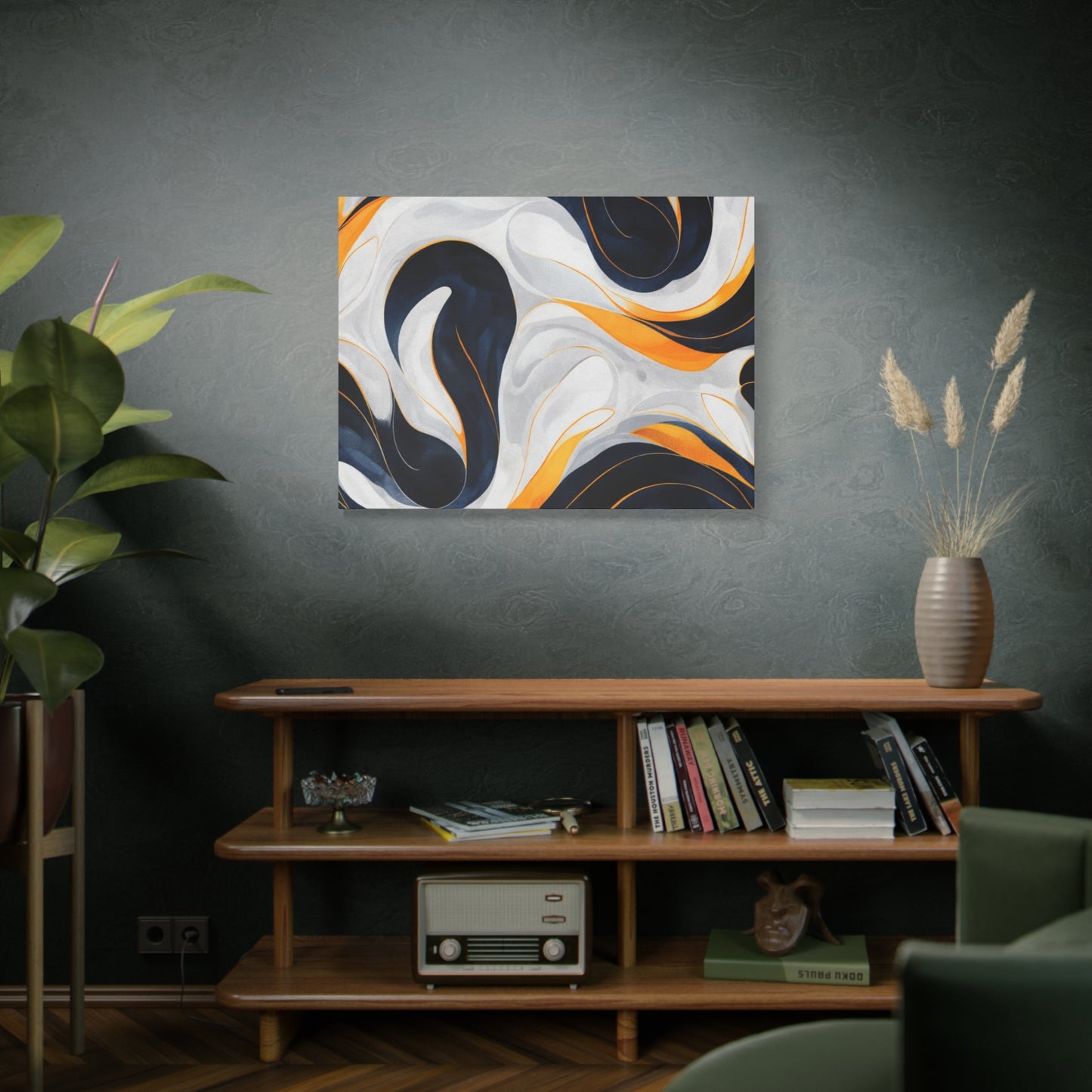 Abstract Fluid Art Matte Canvas Print — Navy, Gold & White Stretched Wall Art