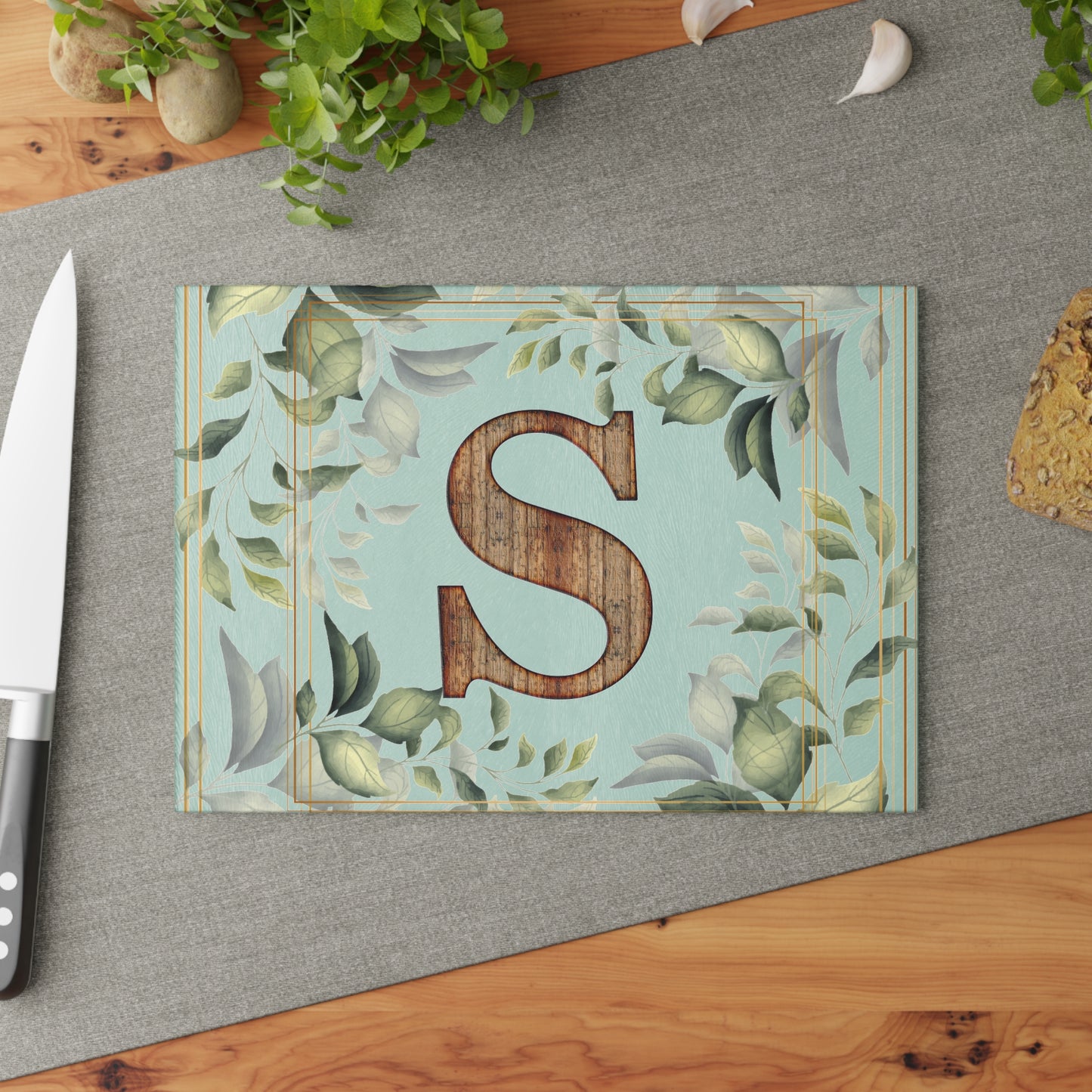 Monogram S Glass Cutting Board — Rustic Wood Initial with Greenery