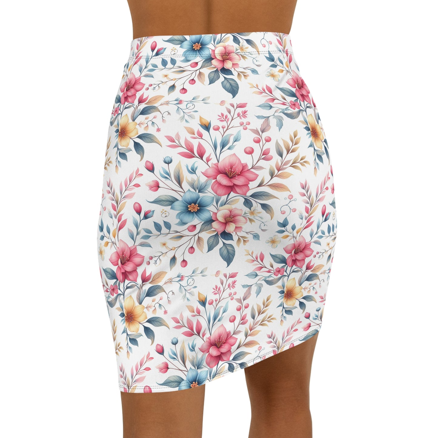 Floral Watercolor Pencil Skirt — Pastel Bouquet Mid‑Waist Women's Skirt