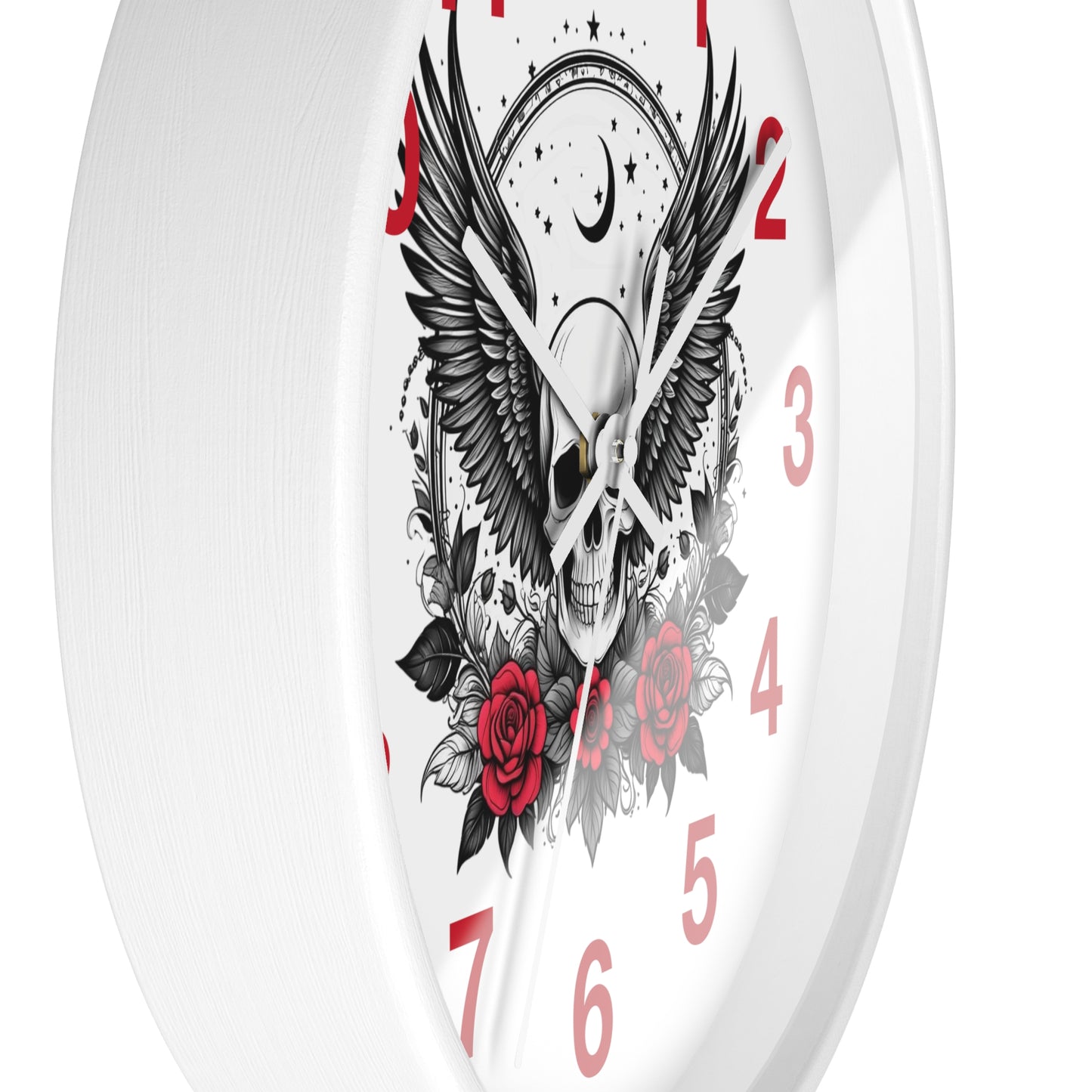 Winged Skull with Red Roses Wall Clock | Gothic Moon Skull Clock