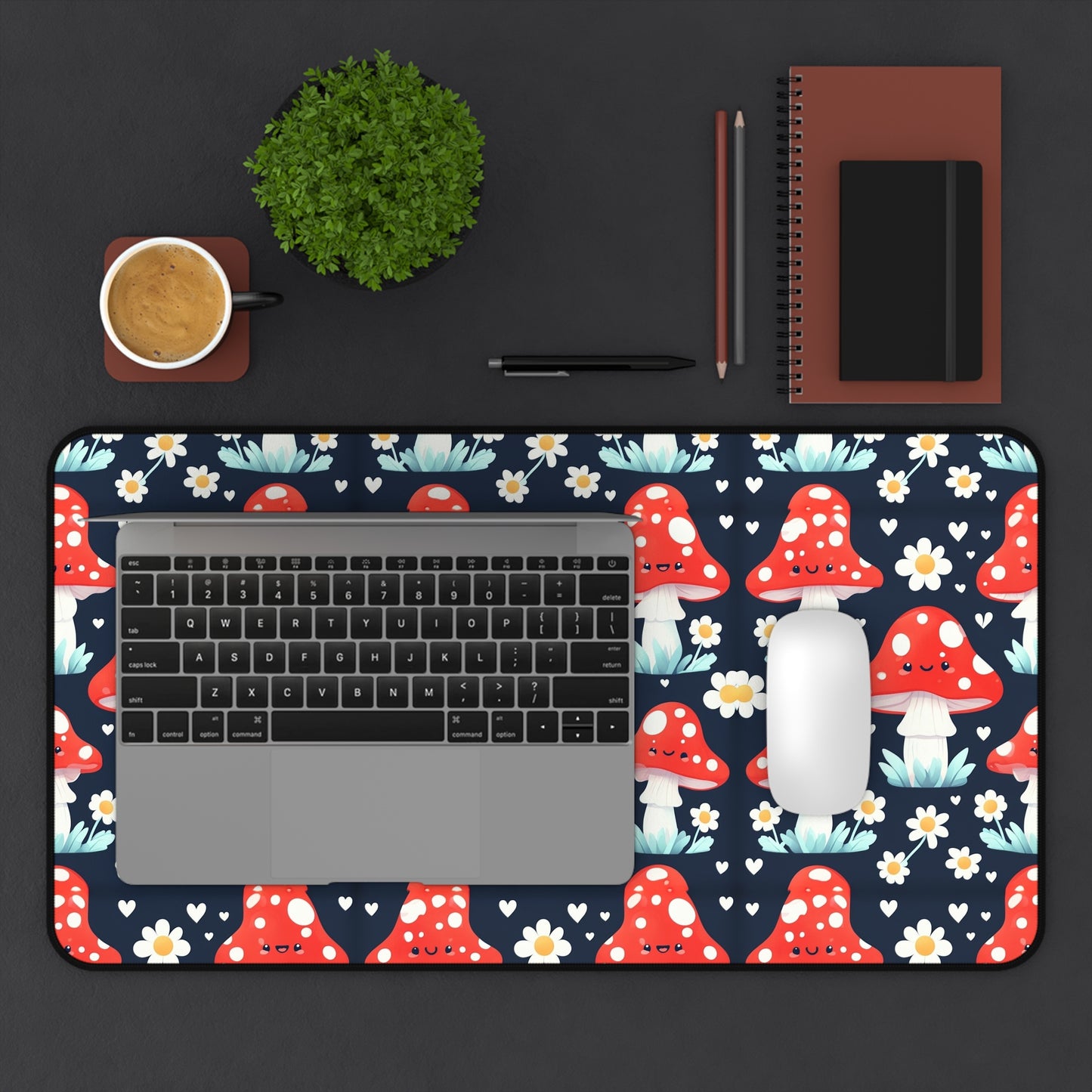 Mushroom & Daisies Desk Mat — Cute Red Toadstool Mousepad for Desk Decor