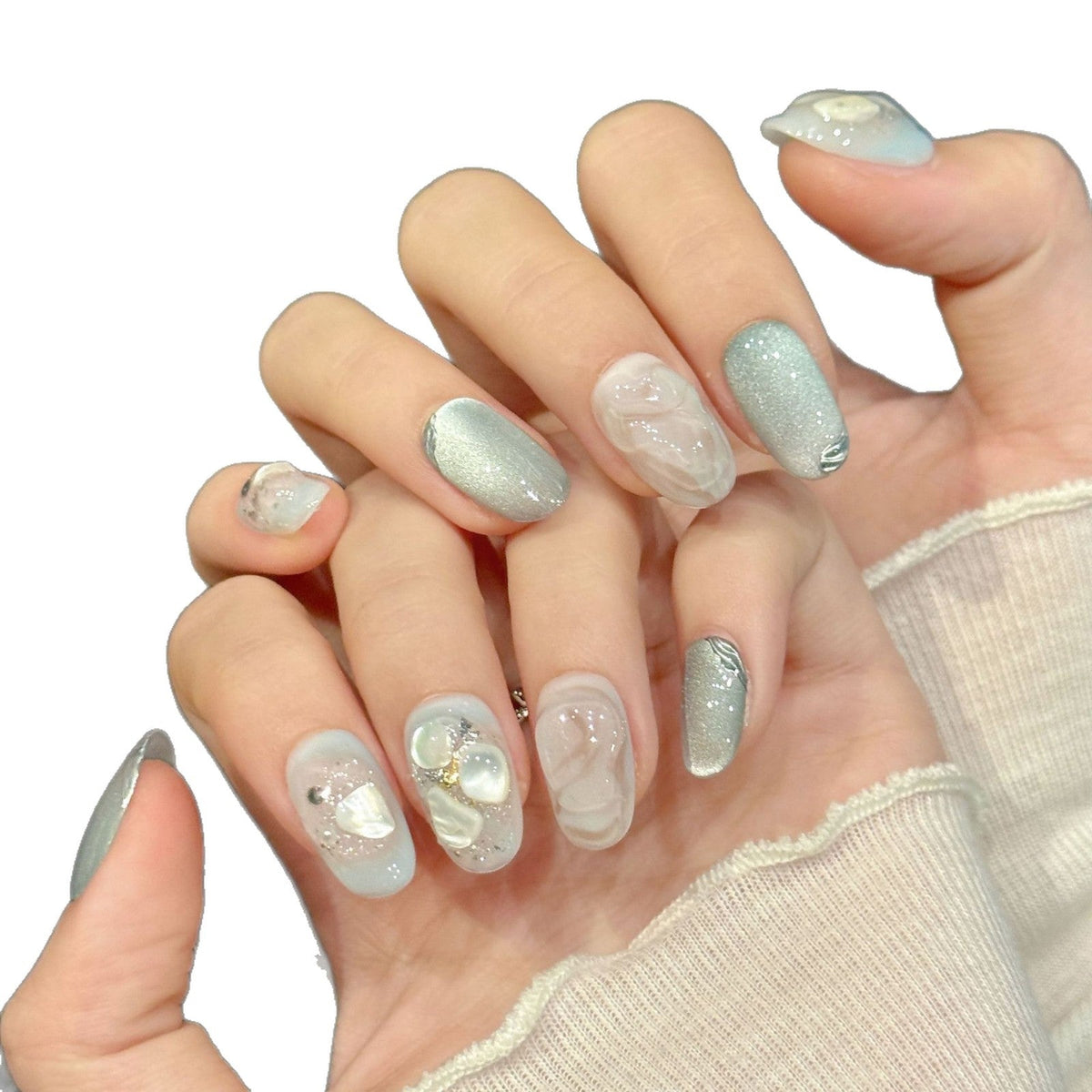 Blue Pearl Glow Marble Elegant Fresh Press On Nails – Image 4