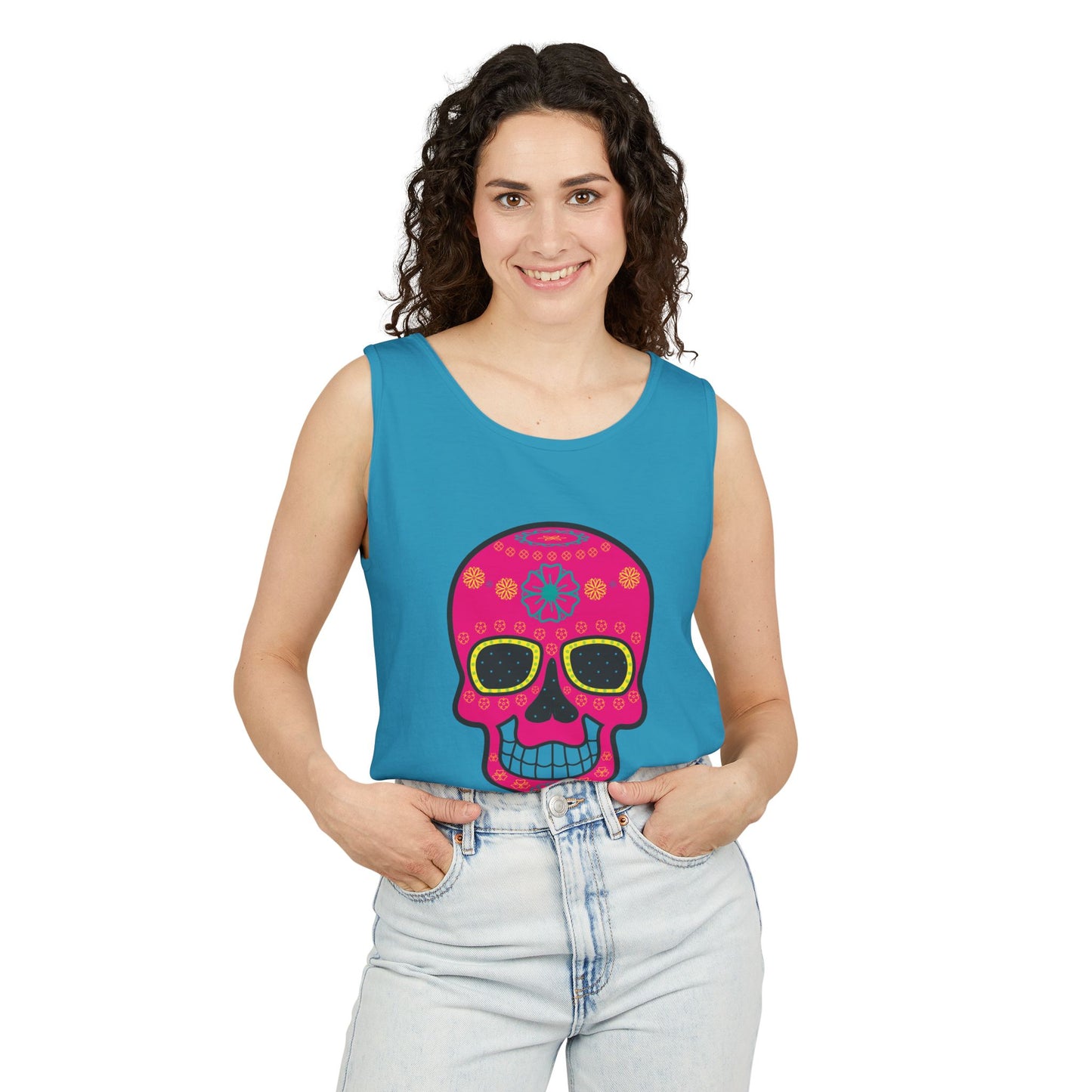 Colorful Dia de los Muertos Skull Tank Top, Unisex Summer Tee, Festival Wear