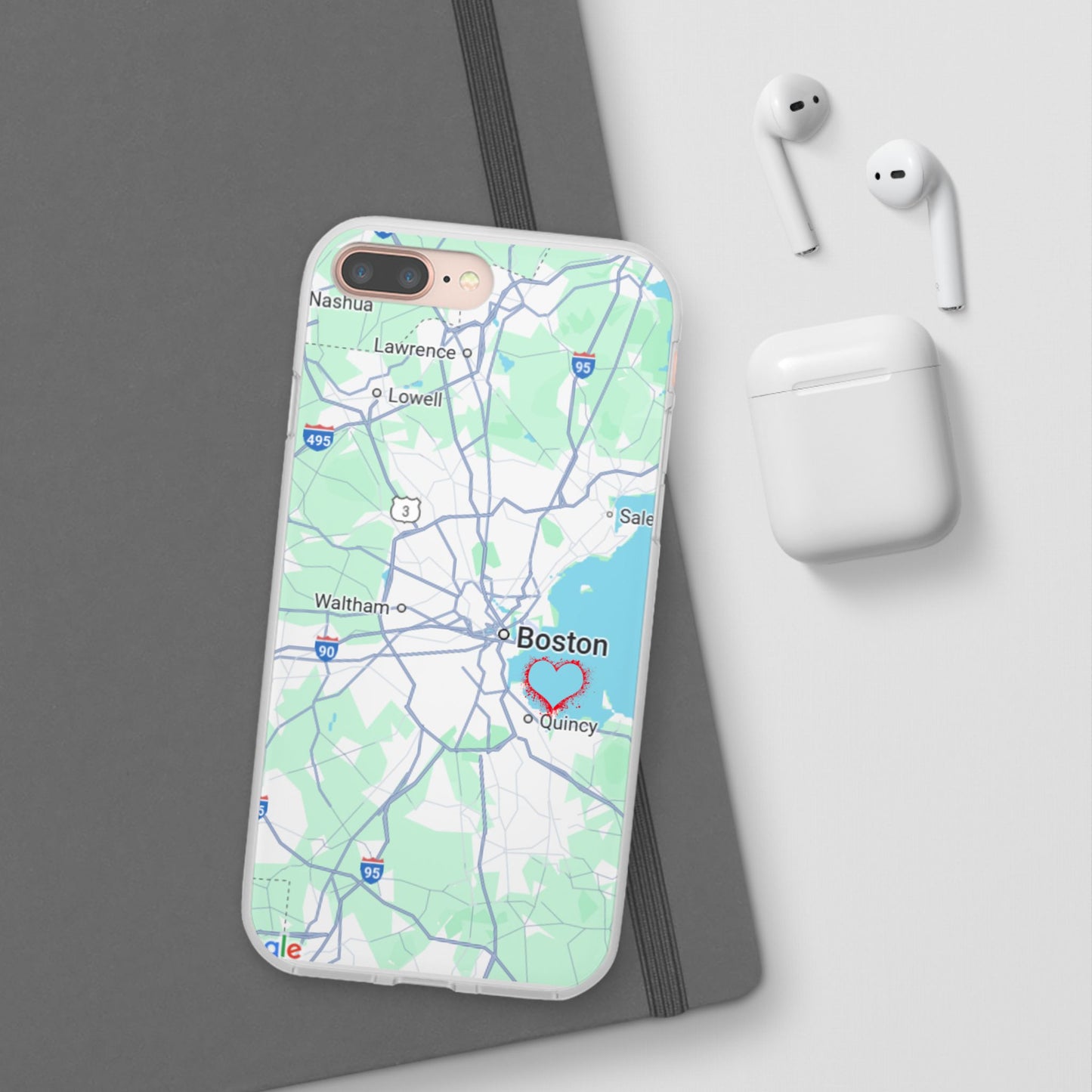 Boston Map Flexi Case for iPhone, Custom Location Phone Case, Unique Gift, Boston Heart Design, Travel Lover Accessory