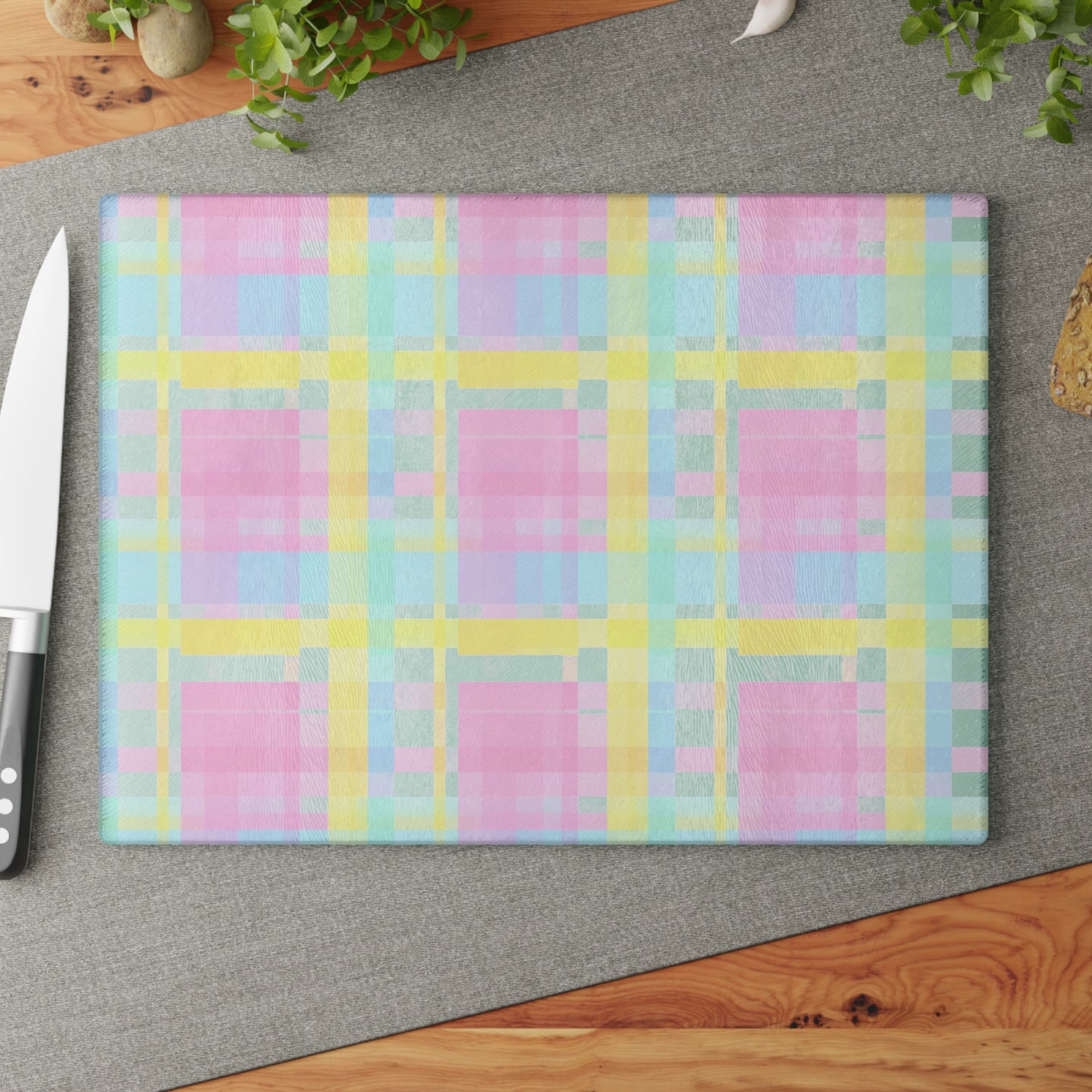 Pastel Plaid Glass Cutting Board – Spring Kitchen Decor