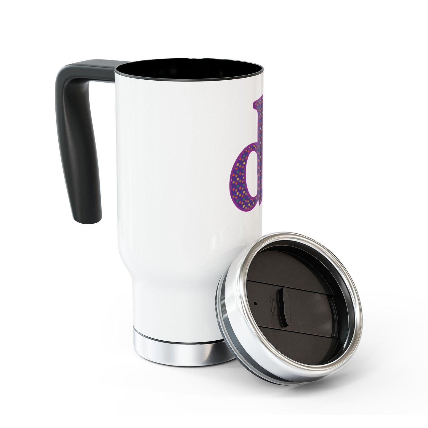 Monogram 'd' Purple Polka Dot Travel Mug – 14oz Stainless Steel with Handle