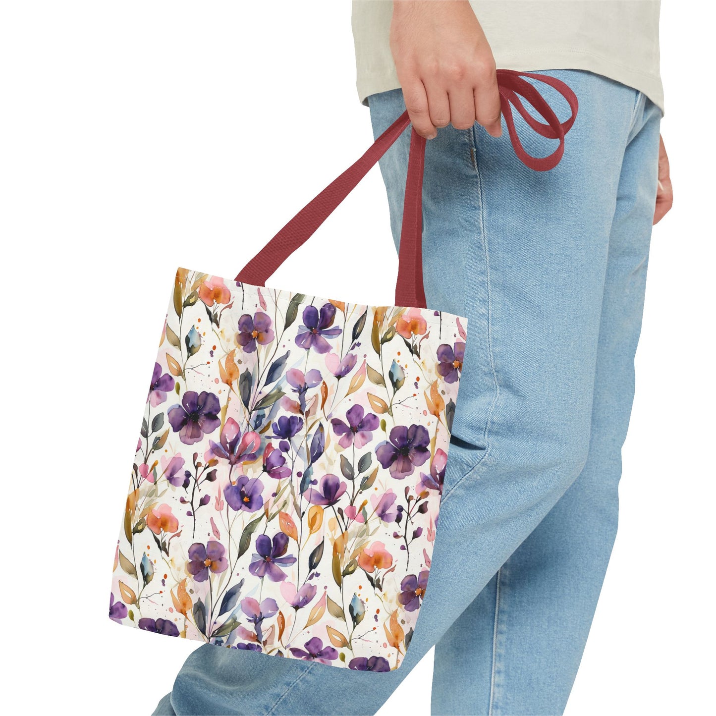 Floral Watercolor Tote Bag — Purple & Orange Botanical All-Over Print