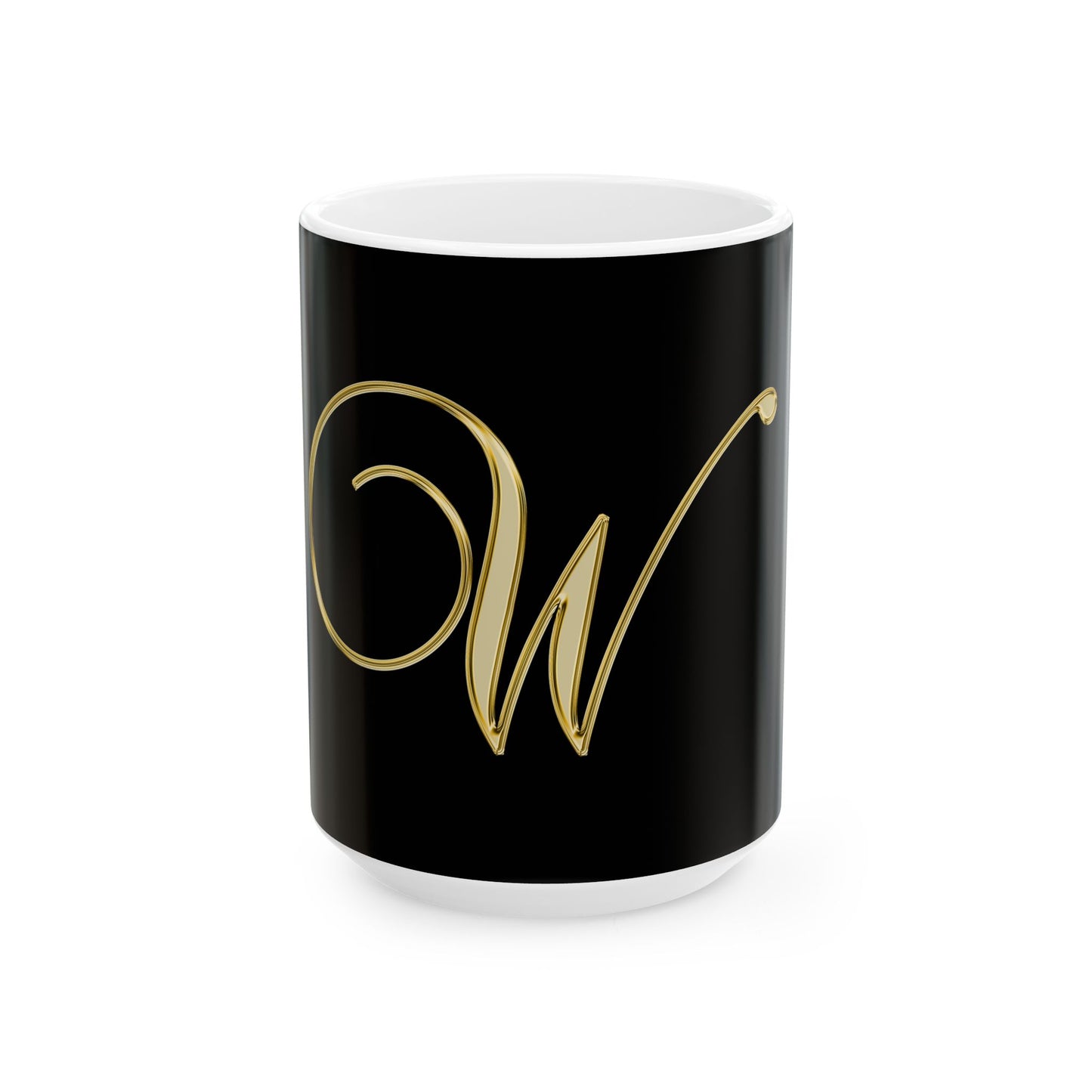 Gold Script 'W' Ceramic Mug – Elegant Monogram Coffee Cup (11oz/15oz)