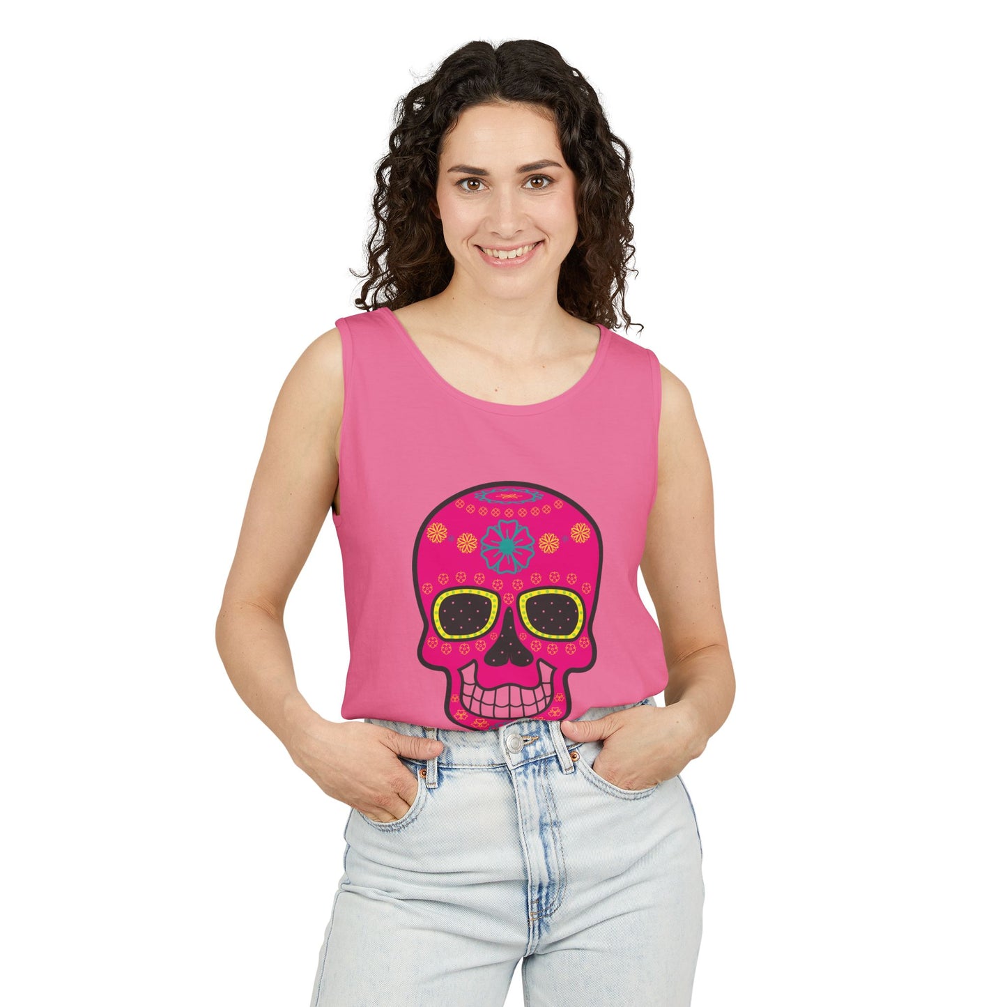 Colorful Dia de los Muertos Skull Tank Top, Unisex Summer Tee, Festival Wear
