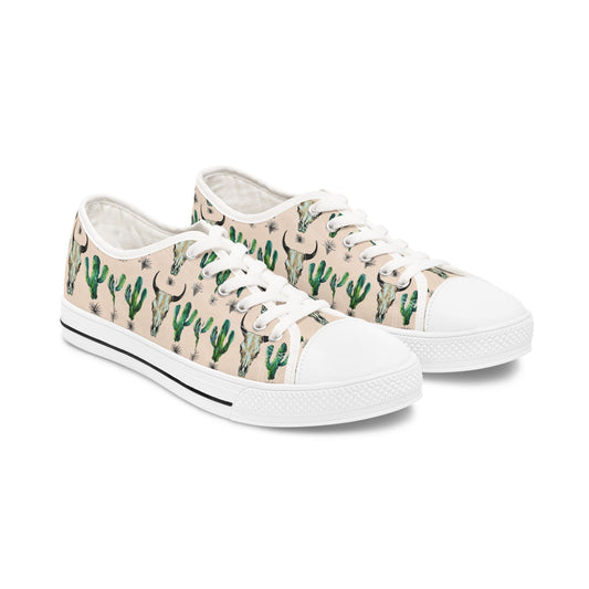 Cow Skull & Cactus Low Top Sneakers — Southwestern Desert Print Casual Shoes
