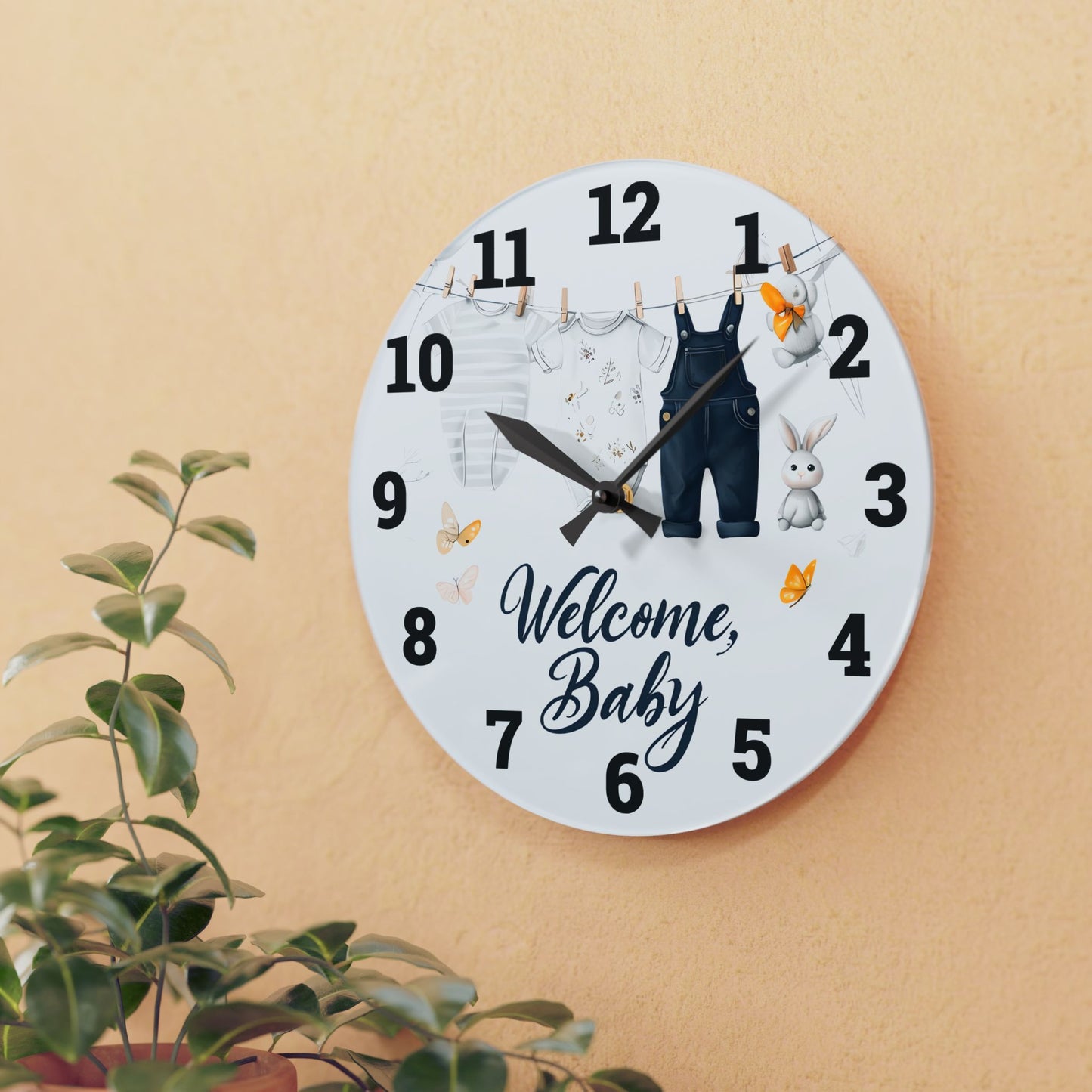 Cute Baby Welcome Acrylic Wall Clock, Nursery Decor, Baby Shower