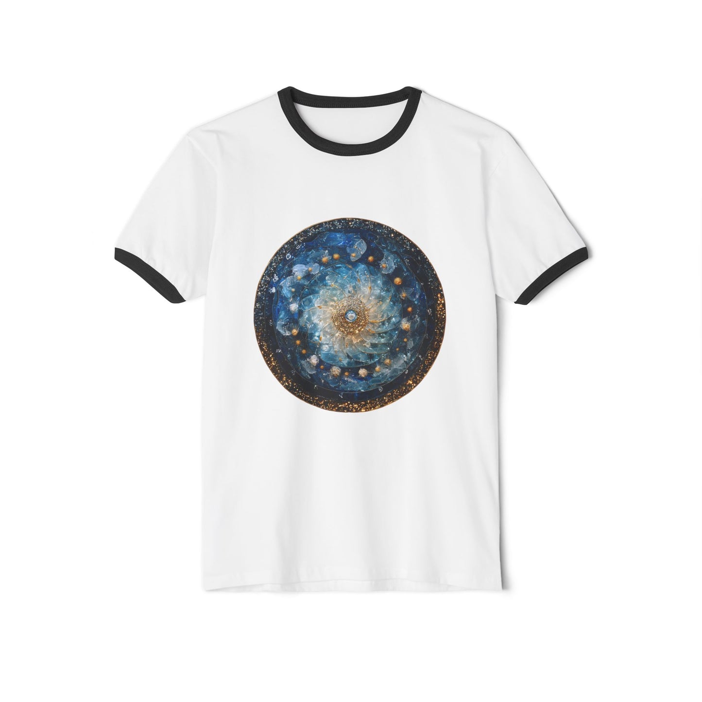 Celestial Mandala Ringer T‑Shirt — Blue Galaxy Circle Art