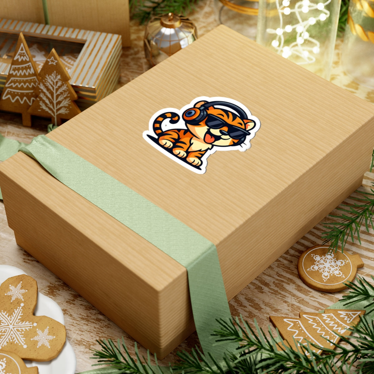 Cool Tiger Headphones Kiss-Cut Stickers, Fun Animal Stickers, Laptop Decals, Cute Home Decor, Gift for Cat Lovers