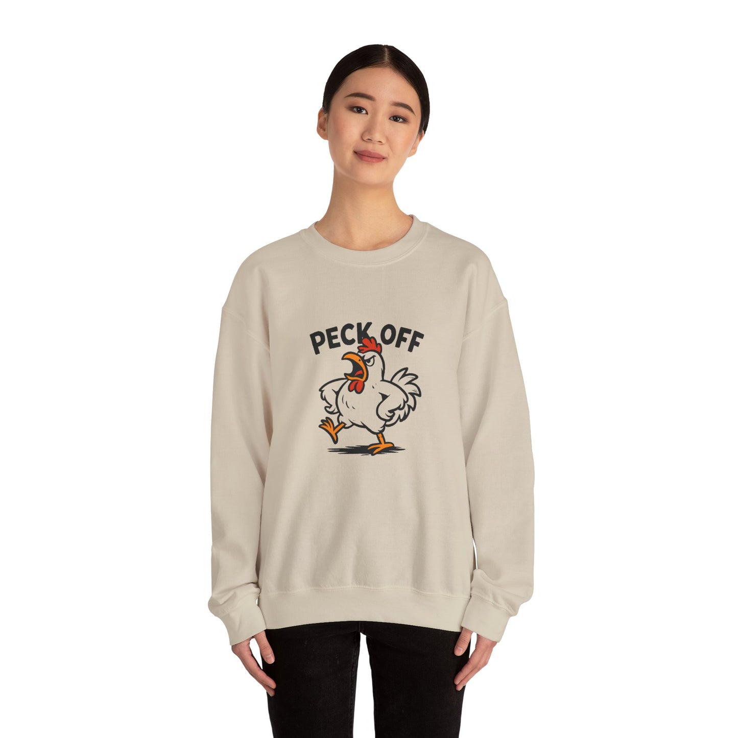 Crewneck Sweatshirt — 'Peck Off' Funny Angry Chicken Graphic