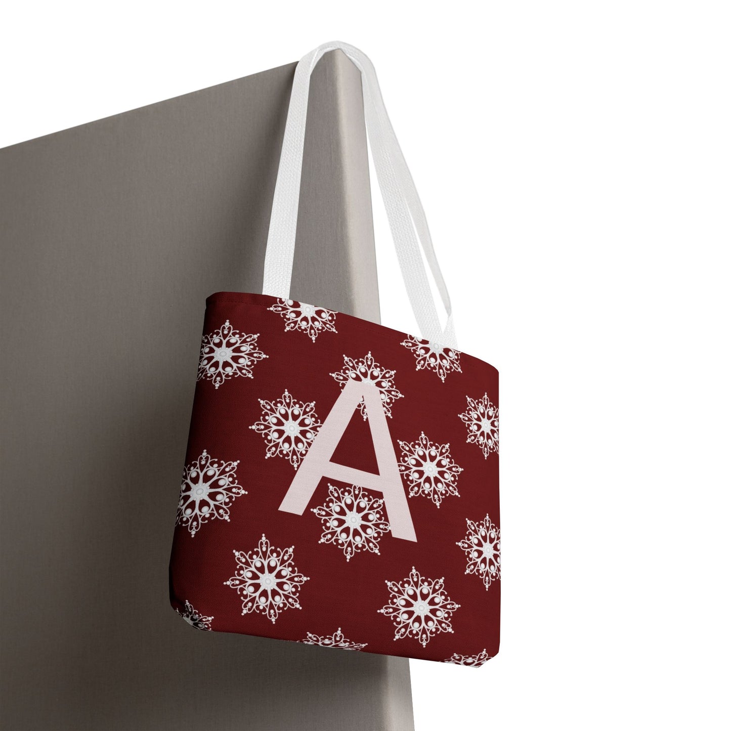 Monogram A Snowflake Tote Bag — Personalized Holiday AOP Tote