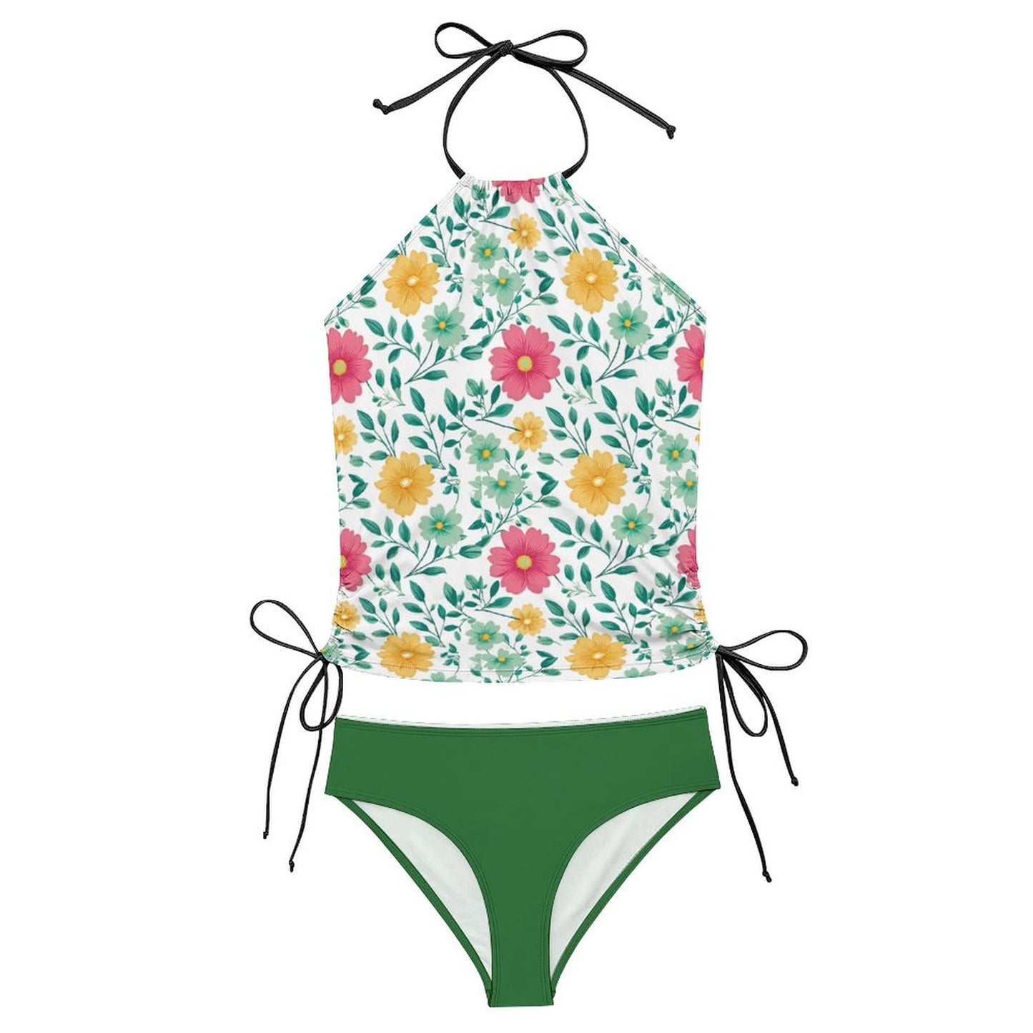 2-Piece Women's Tankini Set with High Neck Halter Top Green with Flowers