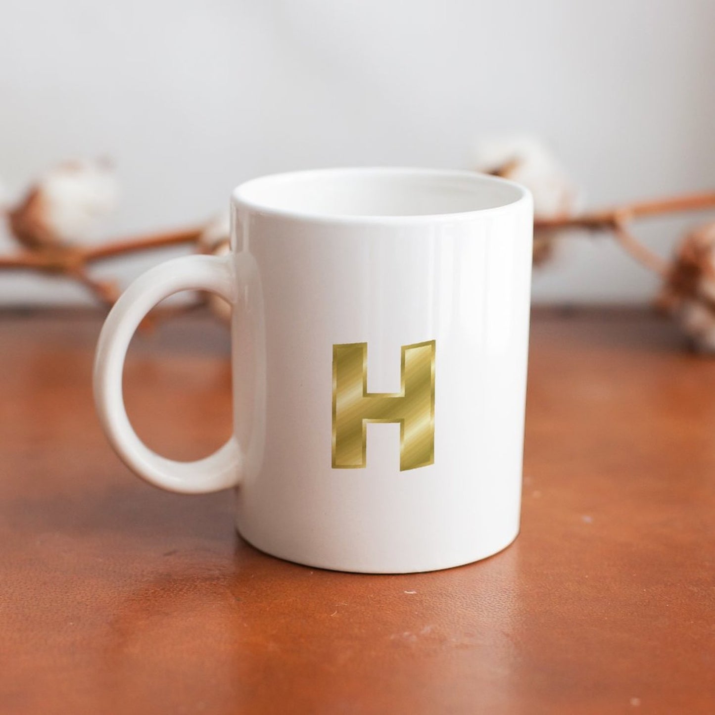 14oz White Ceramic Mug with Handle - Letter H
