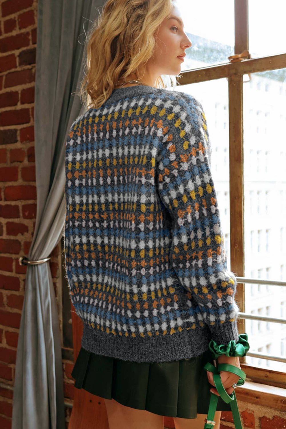 Gray Dotty Pattern Knit Button Front V Neck Sweater Cardigan
