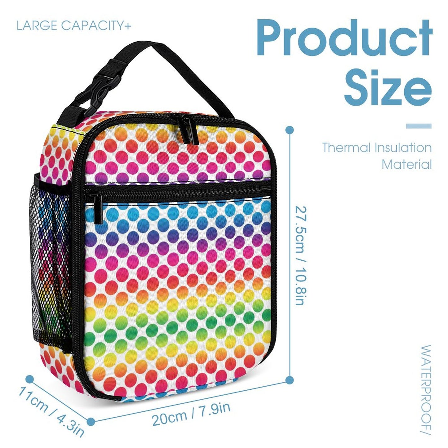3 Pcs School Backpack Set for Kids (Backpack, Kid's Insulated Lunch Bag & Pencil Case Organizer) - rainbow dots