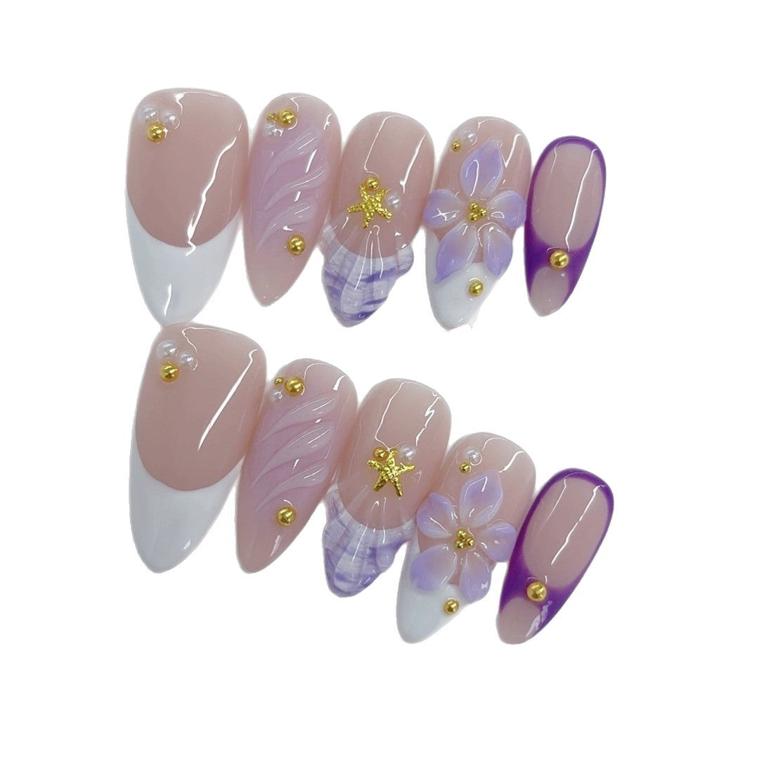 Elegant Pastel: "Lavender Bloom French" – Medium Almond Nude & Purple Gradient Handmade Press-On – Image 5