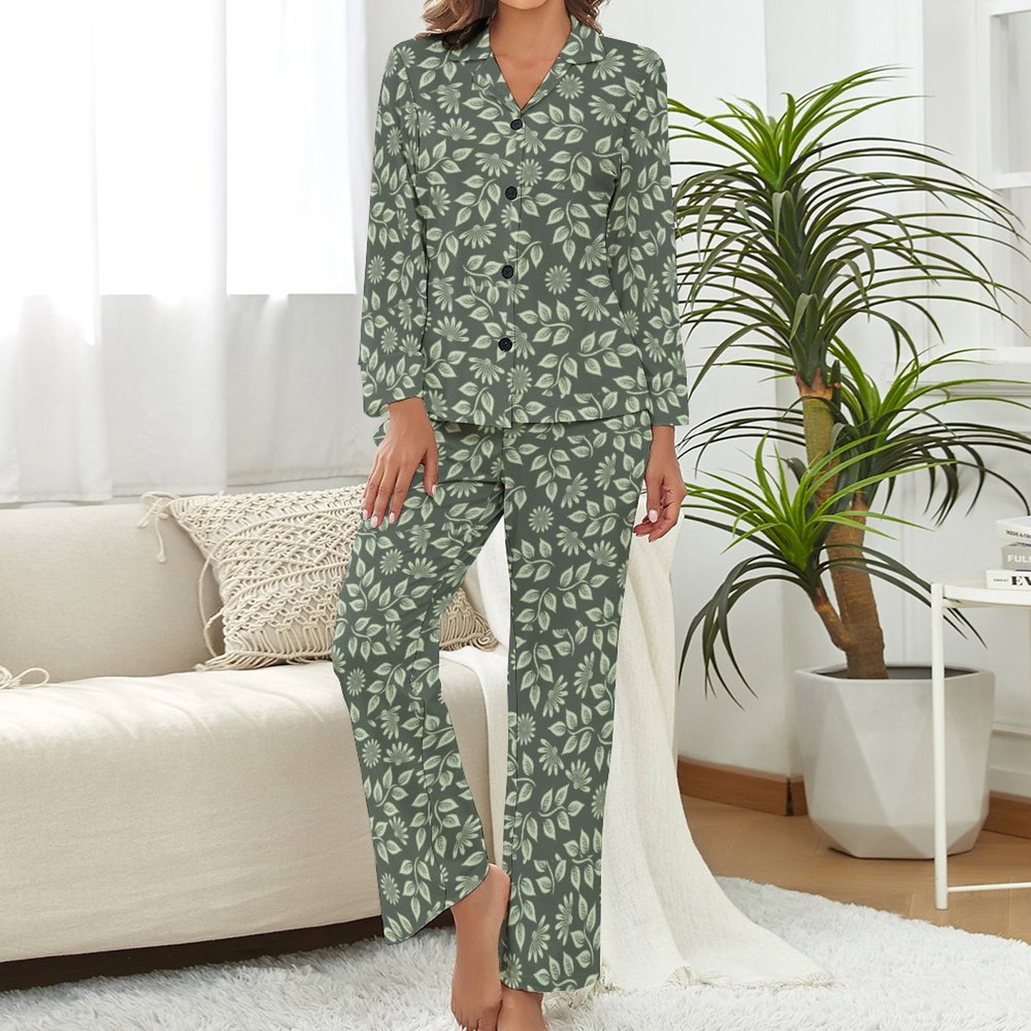 V-Neck Women Night Wear Suit DTZ Green Ivy