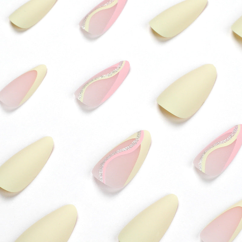 press on nails French manicure fresh yellow pink line glitter matte nails piece fake nails removable nails 365nails – Image 3