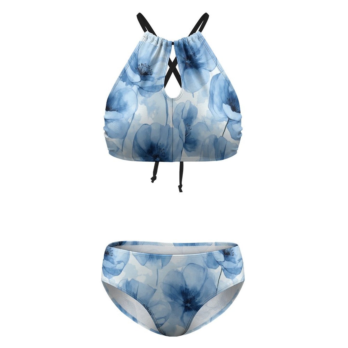 Women's Two piece Swimsuit with High Neck Halter Top Blue Floral