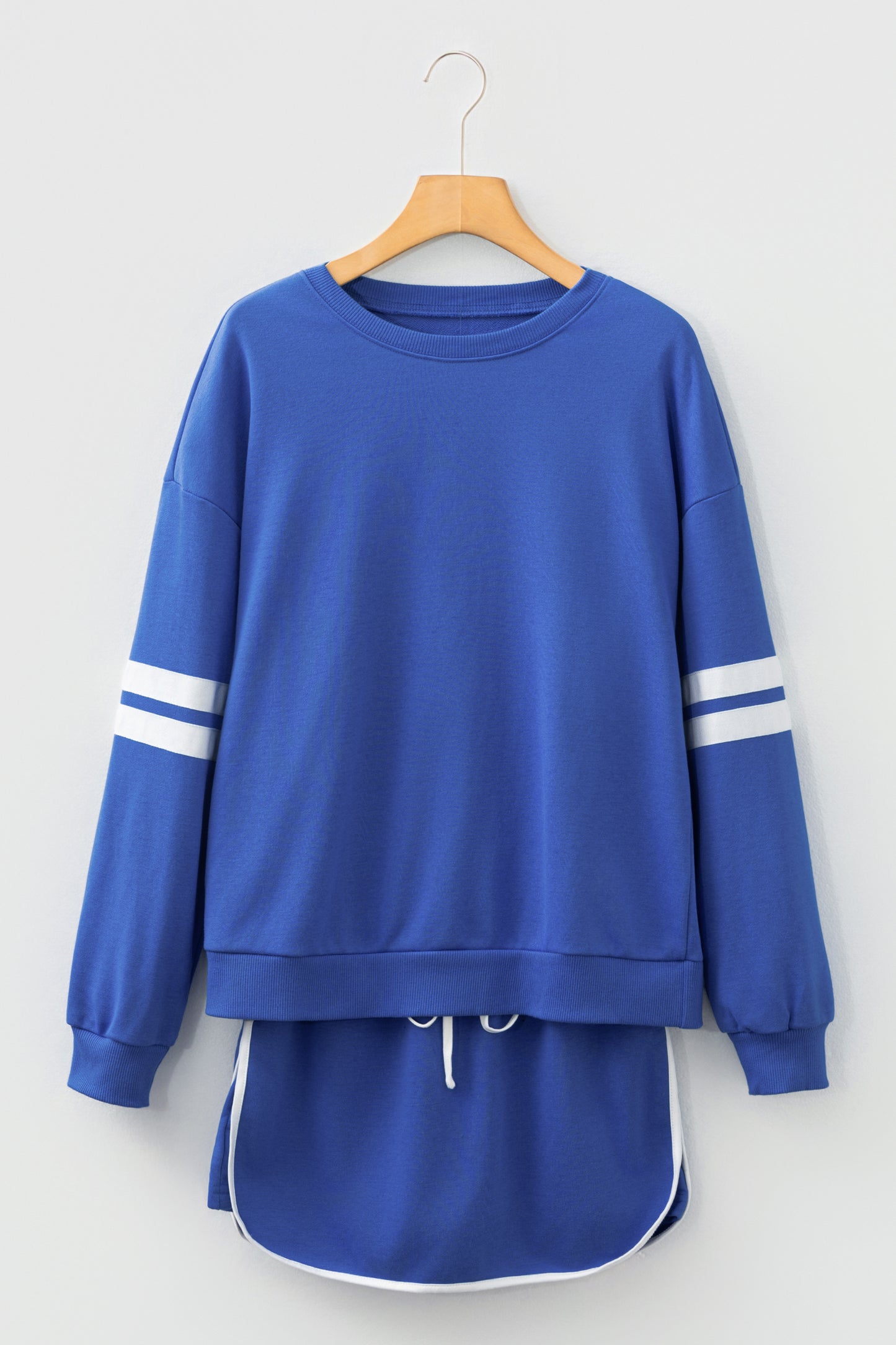 Sky Blue Varsity Stripe Detail Drop Shoulder Pullover Mini Skort Set