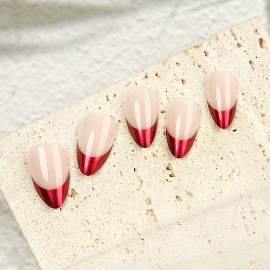 Red Chrome French Short Almond Nail Set