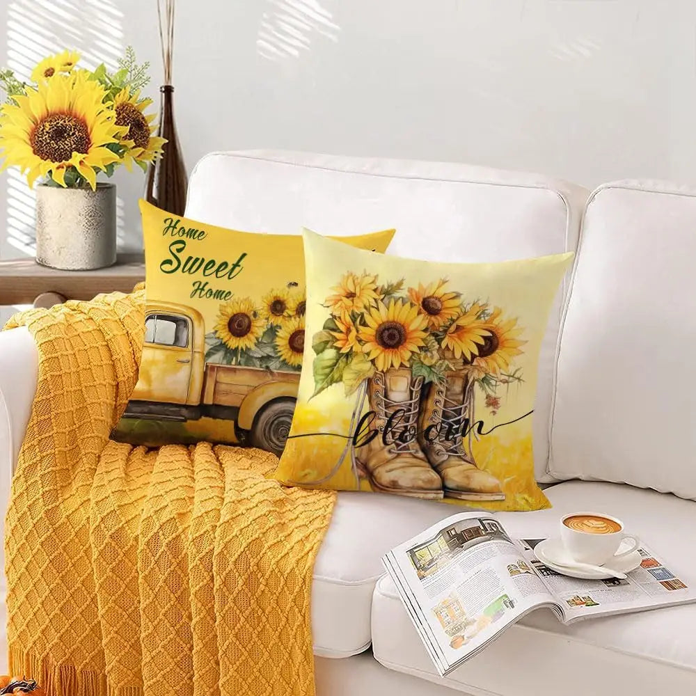 Spring Sunflower Cushion Pillow Cover, Warm Yellow  Boots Truck Bicycle Pillow Cover, Suitable for Home Decoration